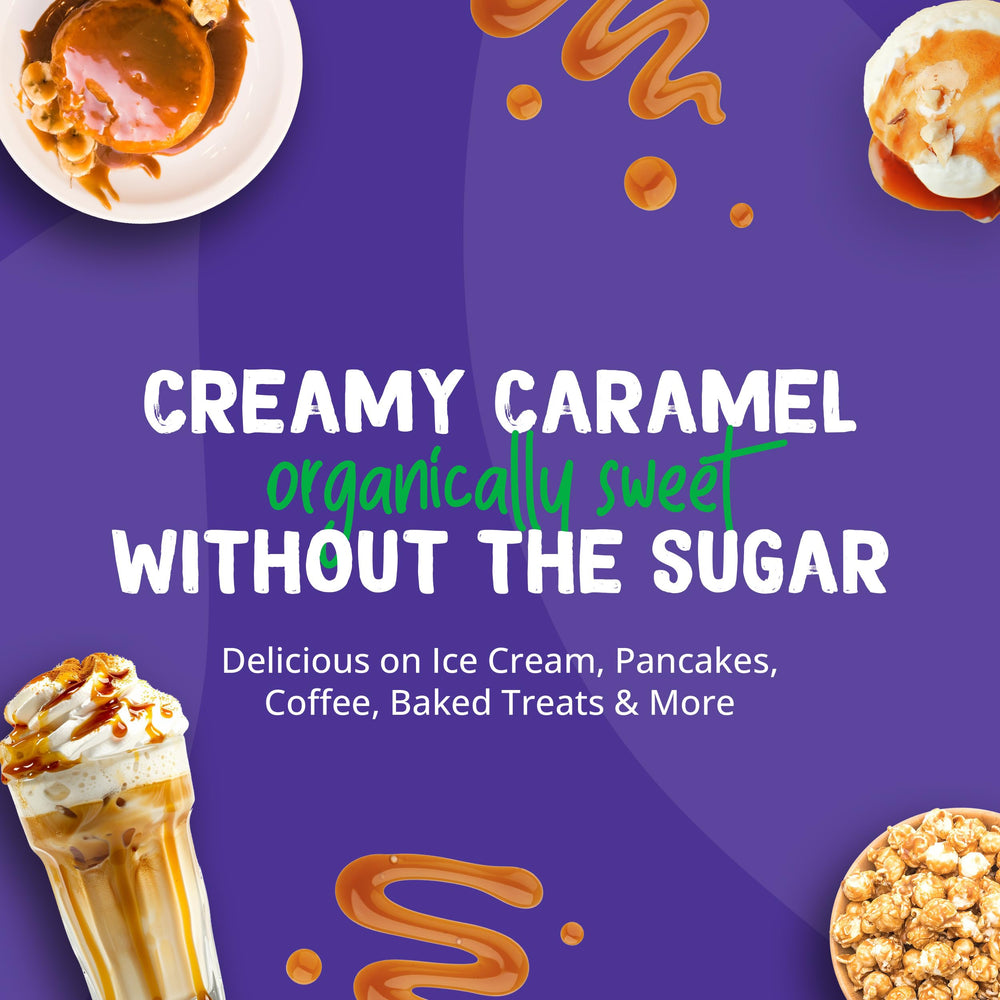 Close-up of Pyure Caramel Dessert Syrup label highlighting organic ingredients.