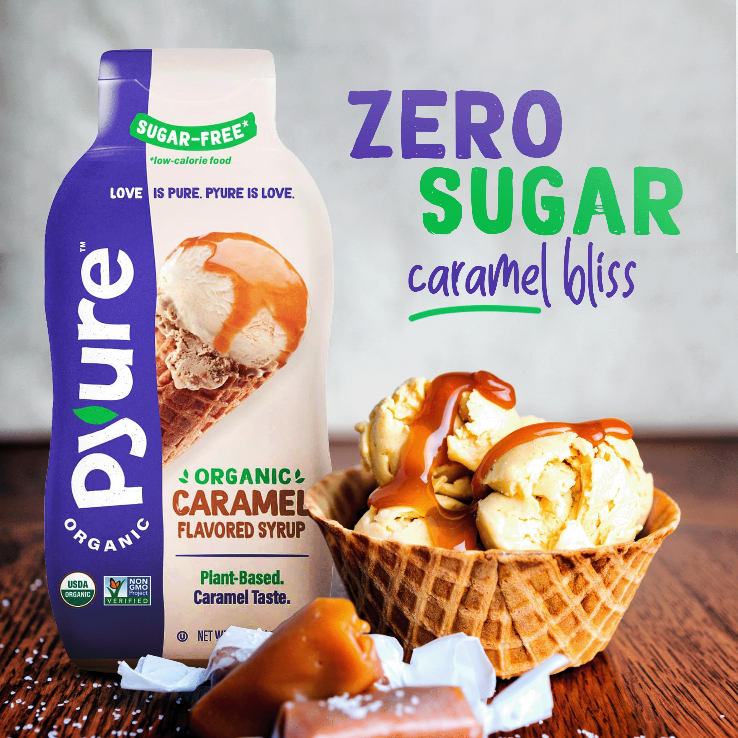 Non-GMO plant-based ingredients feature in Pyure Caramel Dessert Syrup.