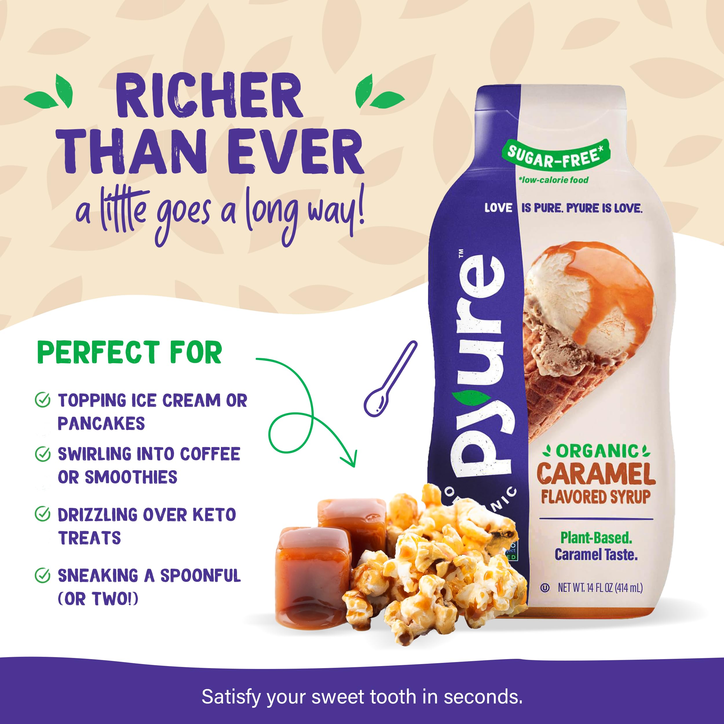 Pyure Caramel Dessert Syrup on pancakes for indulgent, sugar-free topping.