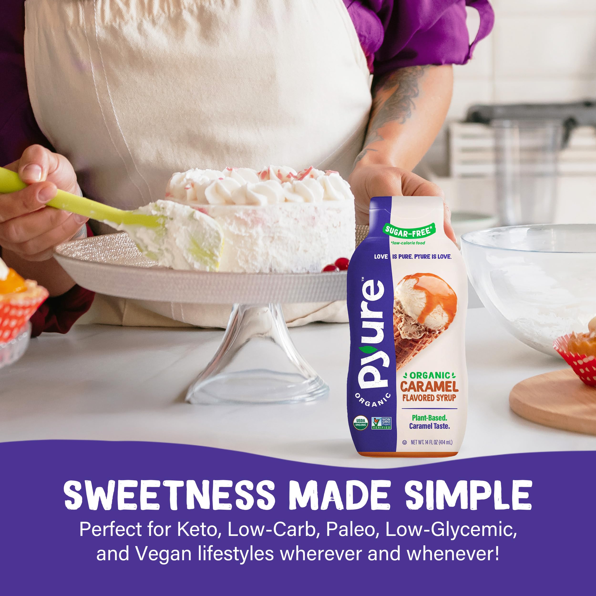 Vegan-friendly Pyure Caramel Dessert Syrup for sugar-free desserts.