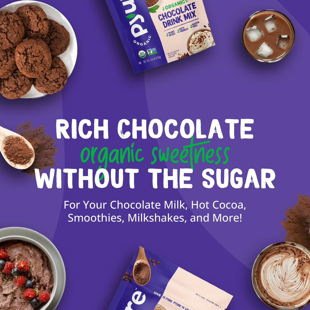 Pyure chocolate drink mix blended with almond milk, vegan-friendly smoothie base