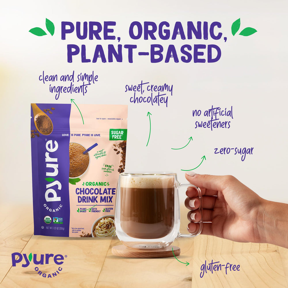 Pyure chocolate drink mix with almond milk creates a creamy cold chocolate drink