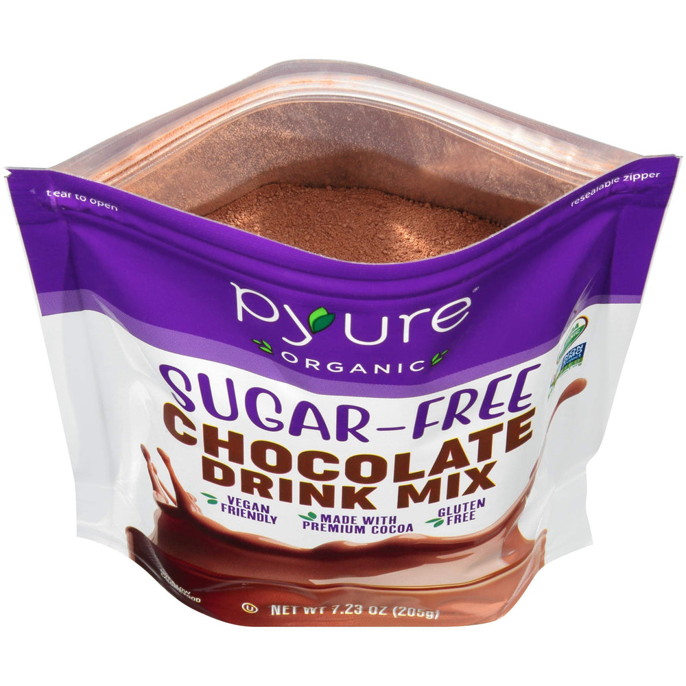 Pyure hot chocolate steaming, highlighting zero sugar and rich cocoa flavor