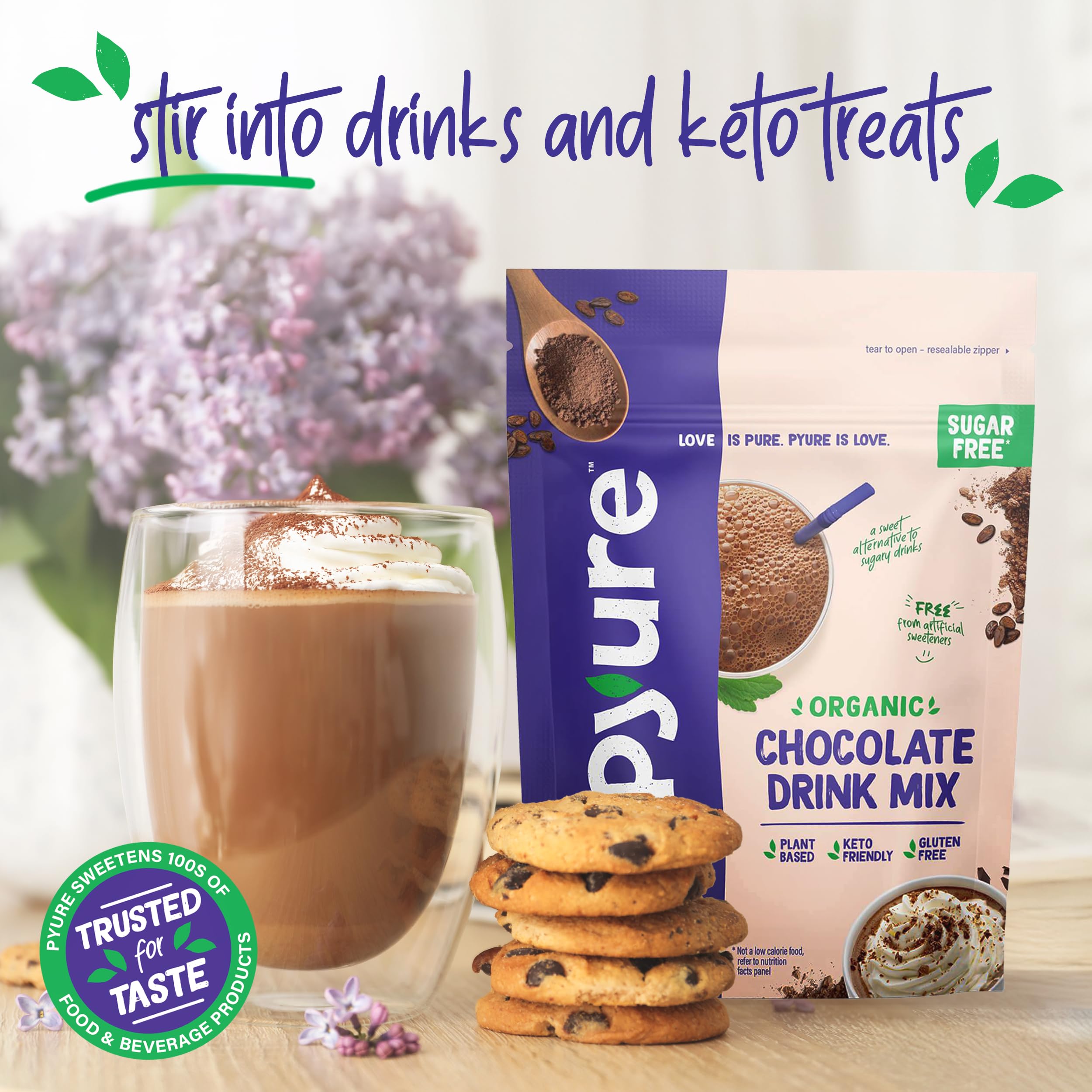 Pyure chocolate drink mix ingredient label close-up emphasizing organic and non-GMO