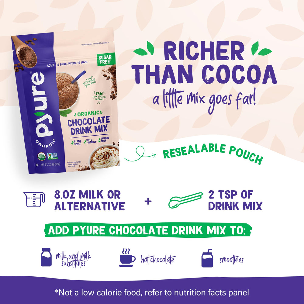 Pyure chocolate drink mix poured into mug, steaming hot chocolate ready to enjoy