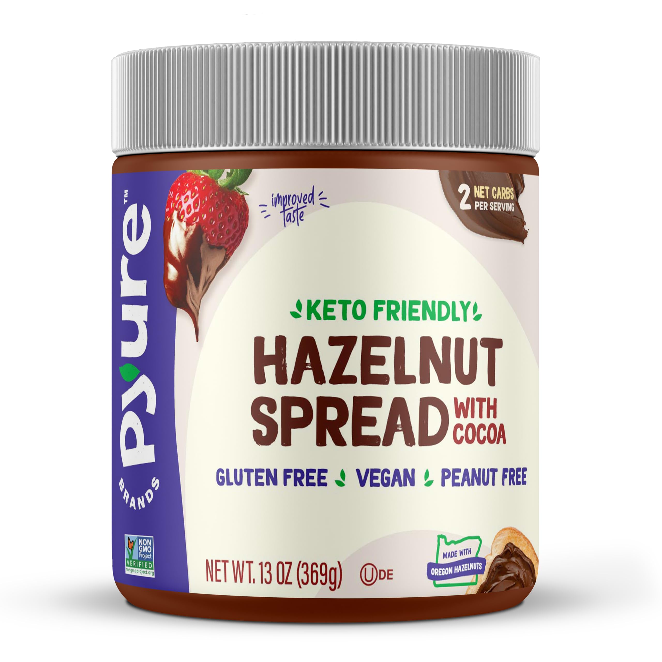 Pyure Keto Hazelnut Spread jar shows creamy texture for keto snacking