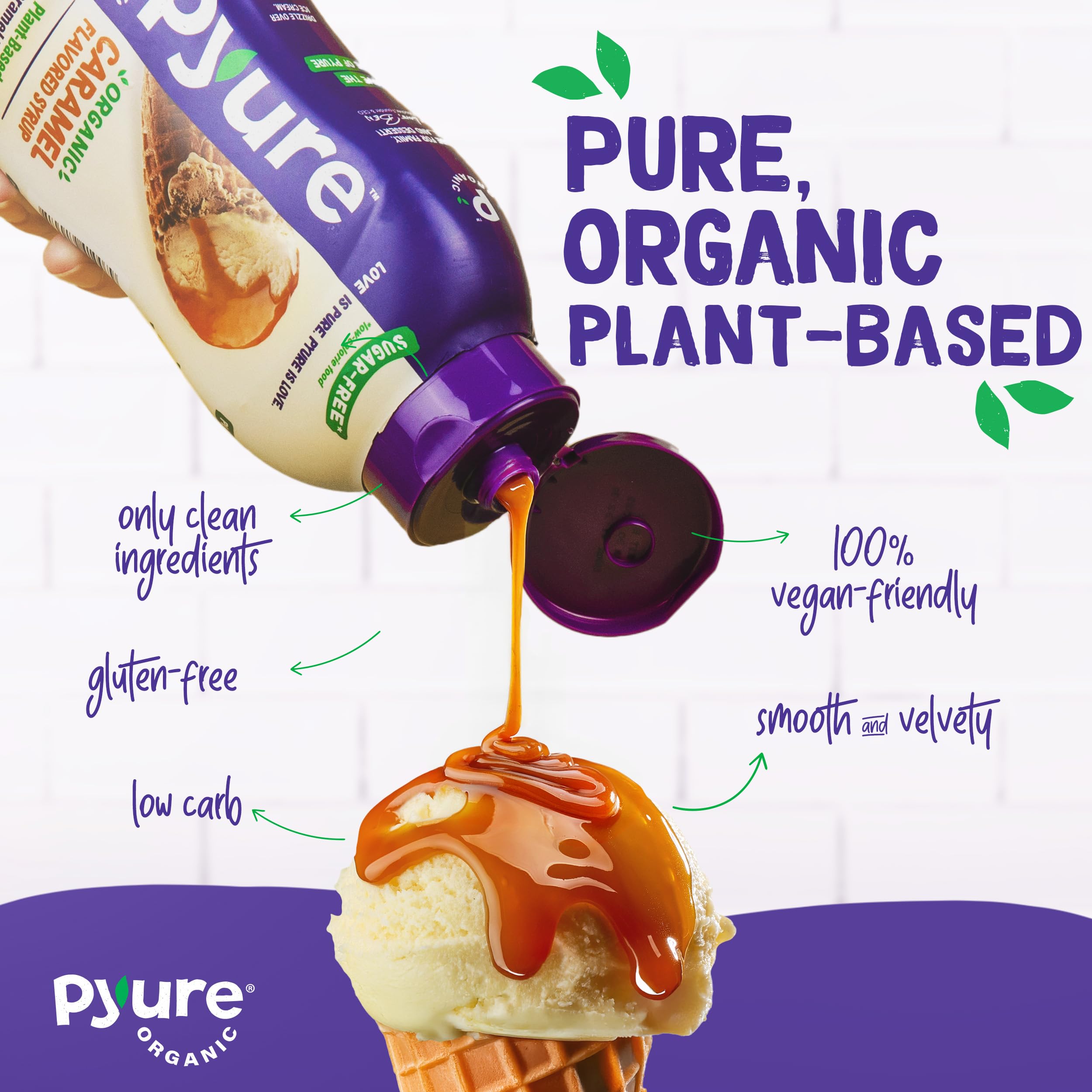 Pyure Organic Caramel Dessert Syrup glass jar on a kitchen counter.
