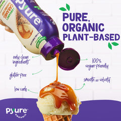 Pyure Organic Caramel Dessert Syrup glass jar on a kitchen counter.
