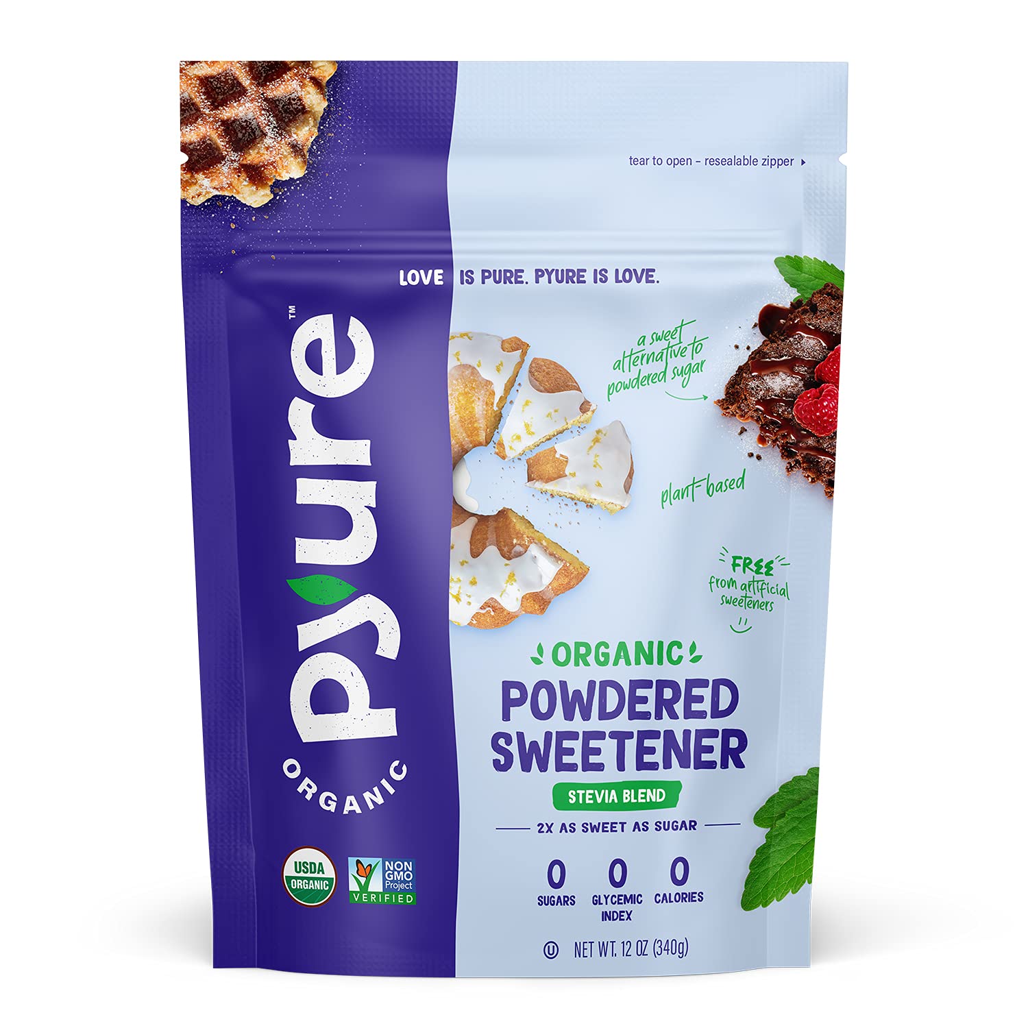 Pyure Organic Powdered Sweetener package front for baking and desserts.