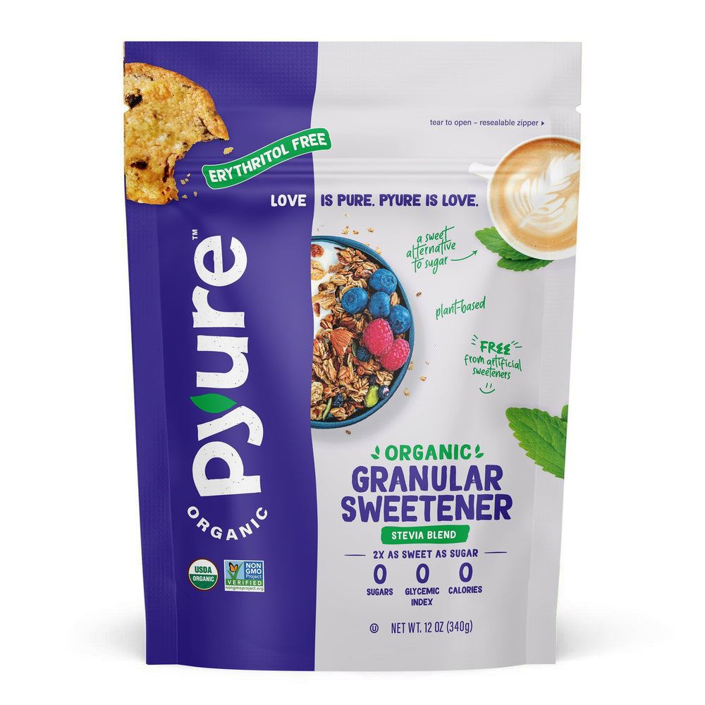 Pyure Organic Stevia Blend bottle pouring; zero-calorie sweetness for everyday use.