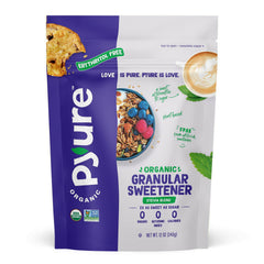 Pyure Organic Stevia Blend bottle pouring; zero-calorie sweetness for everyday use.