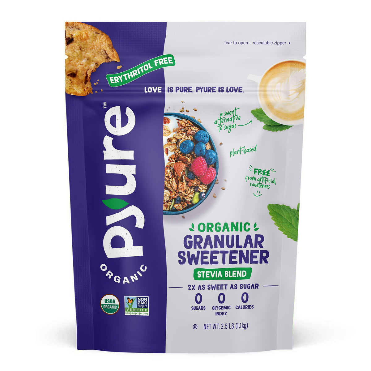 Pyure Organic Stevia Blend bottle: zero-calorie sweetness for coffee.