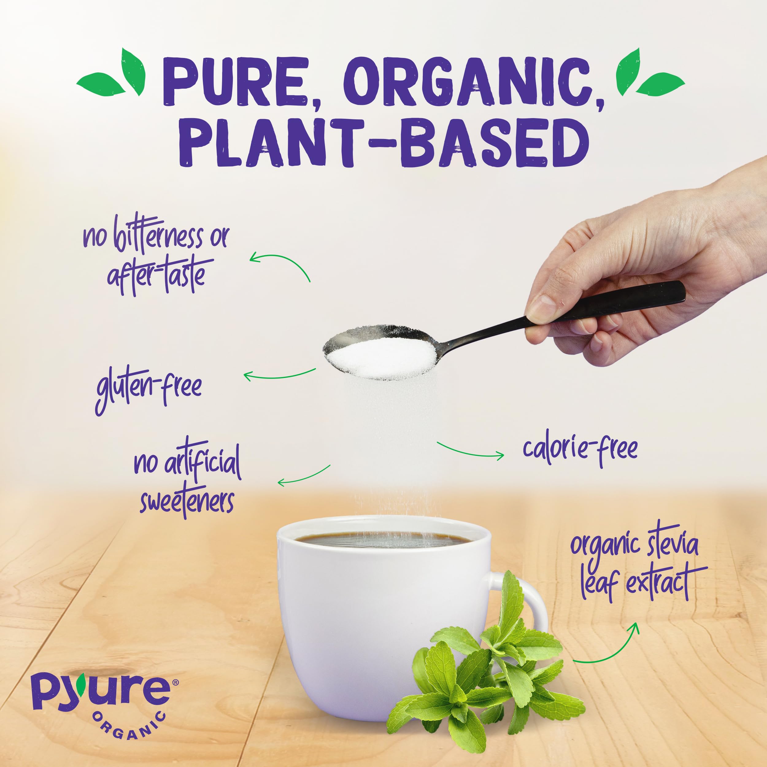 Coffee cup with Pyure Organic Stevia Blend offering keto-friendly sweetness.