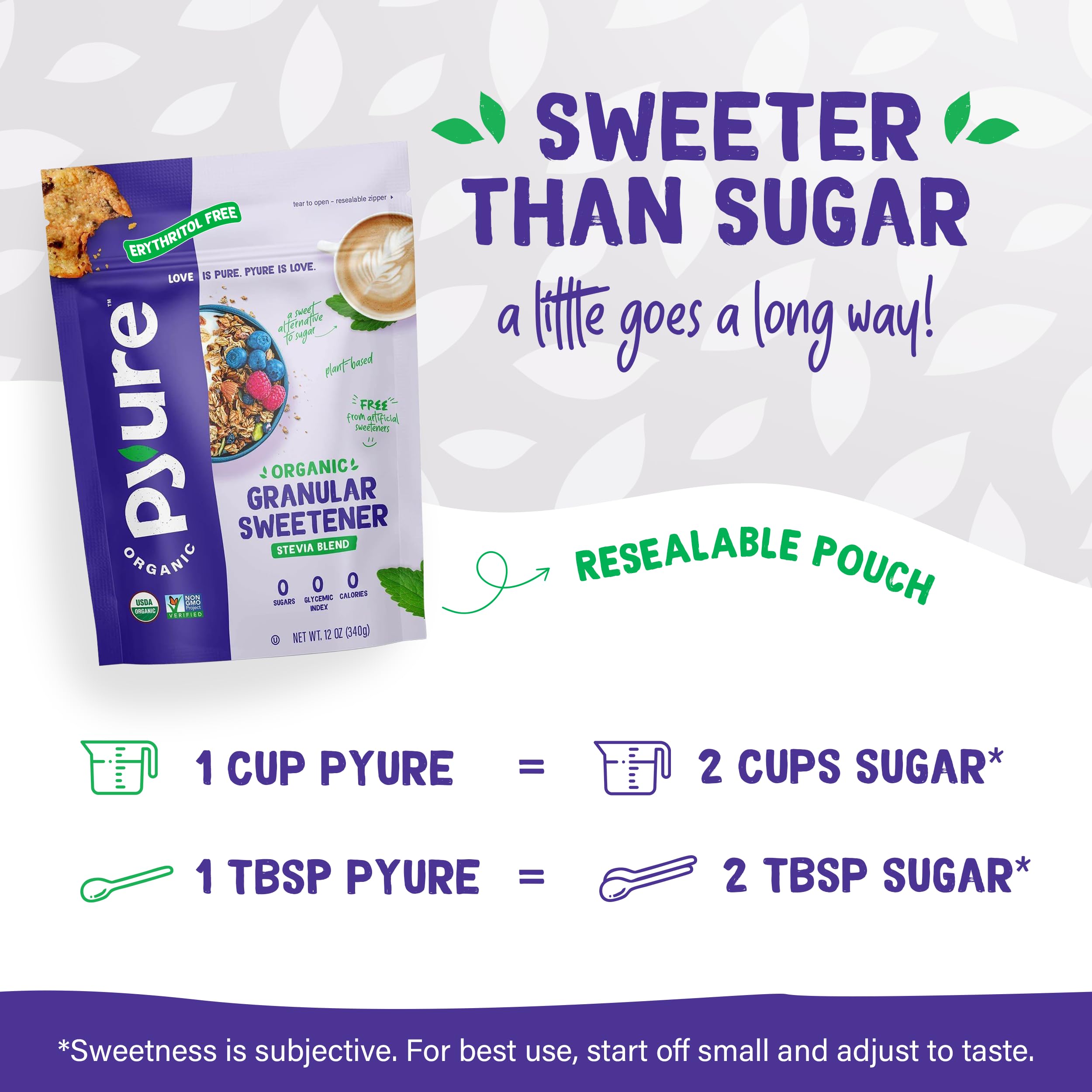 Pyure Organic Stevia Blend coffee cup; keto-friendly sweetener enhances morning brew.