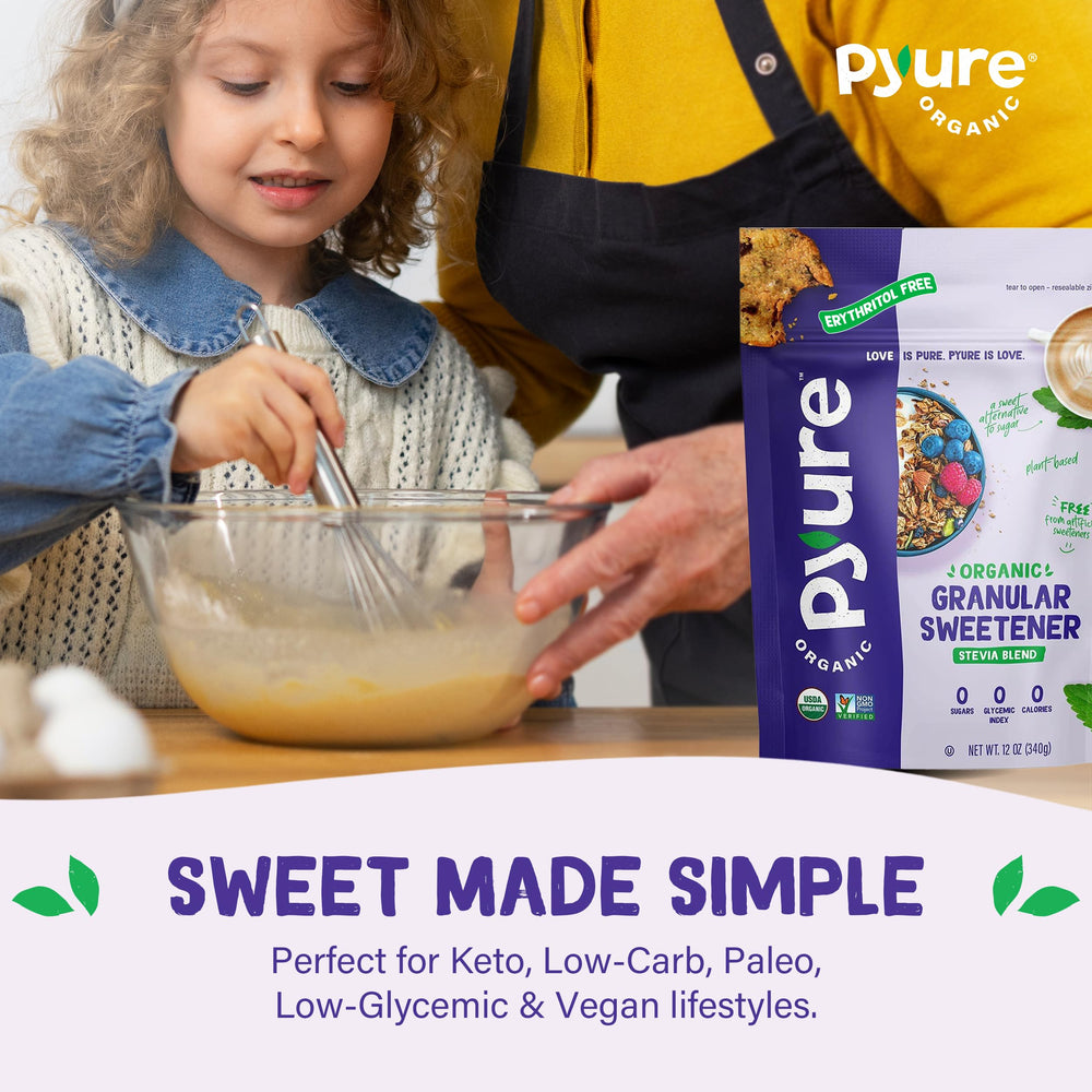 Dispensing granules of Pyure Organic Stevia Blend for easy measuring and mixing.