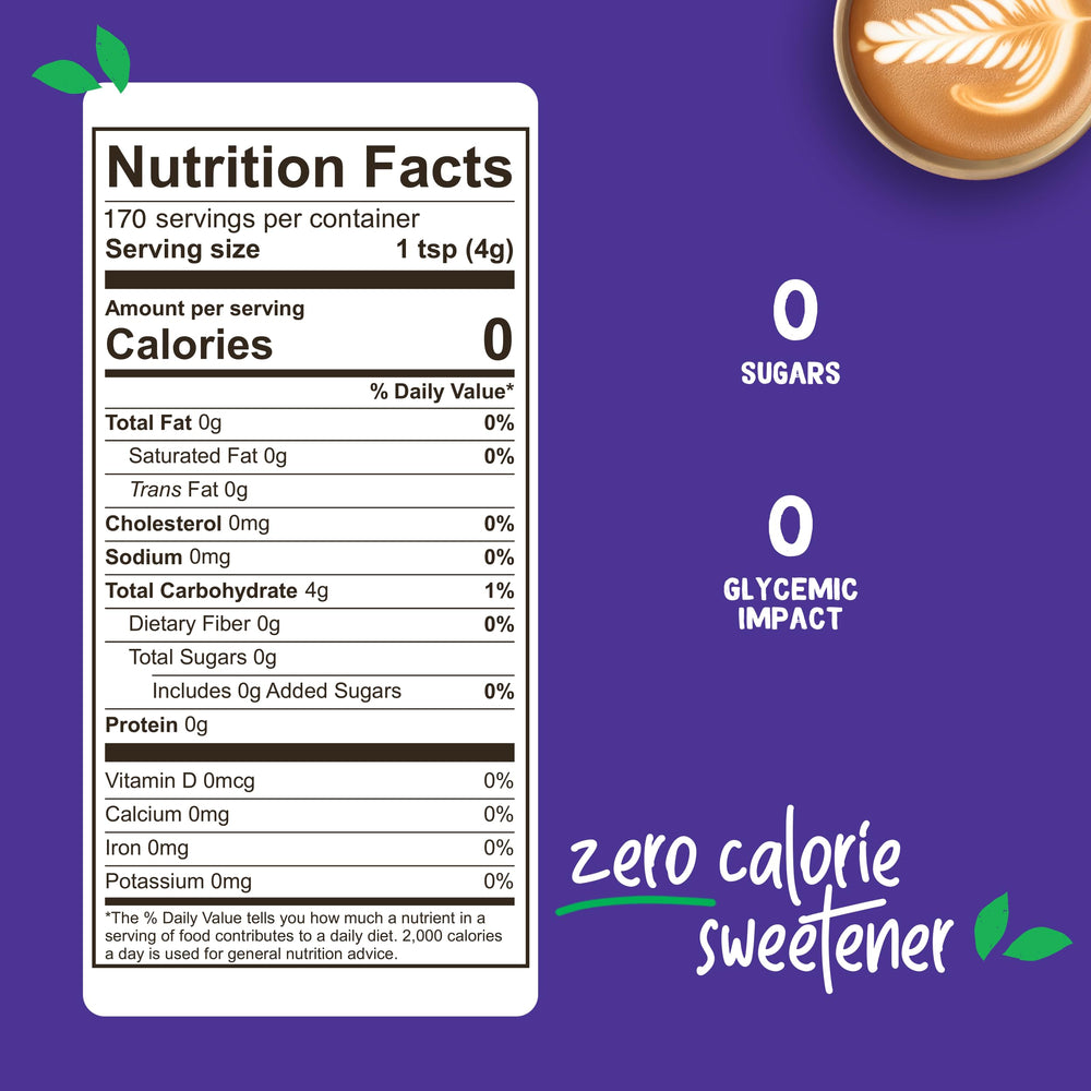 Measuring spoon with Pyure Organic Stevia Blend for precise sugar replacement.