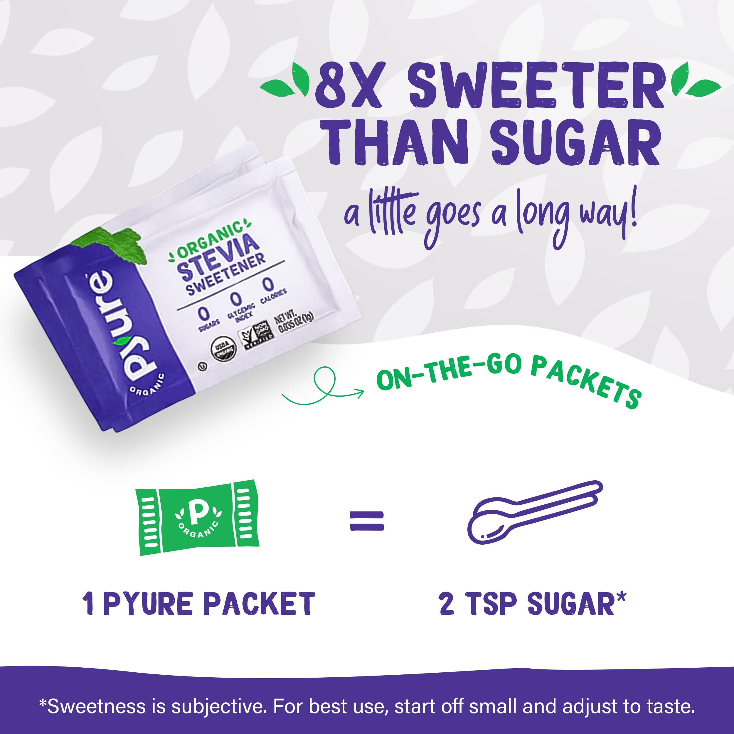 Pyure Organic Stevia Packets – individual portions ideal for precise, calorie-free sweetening.