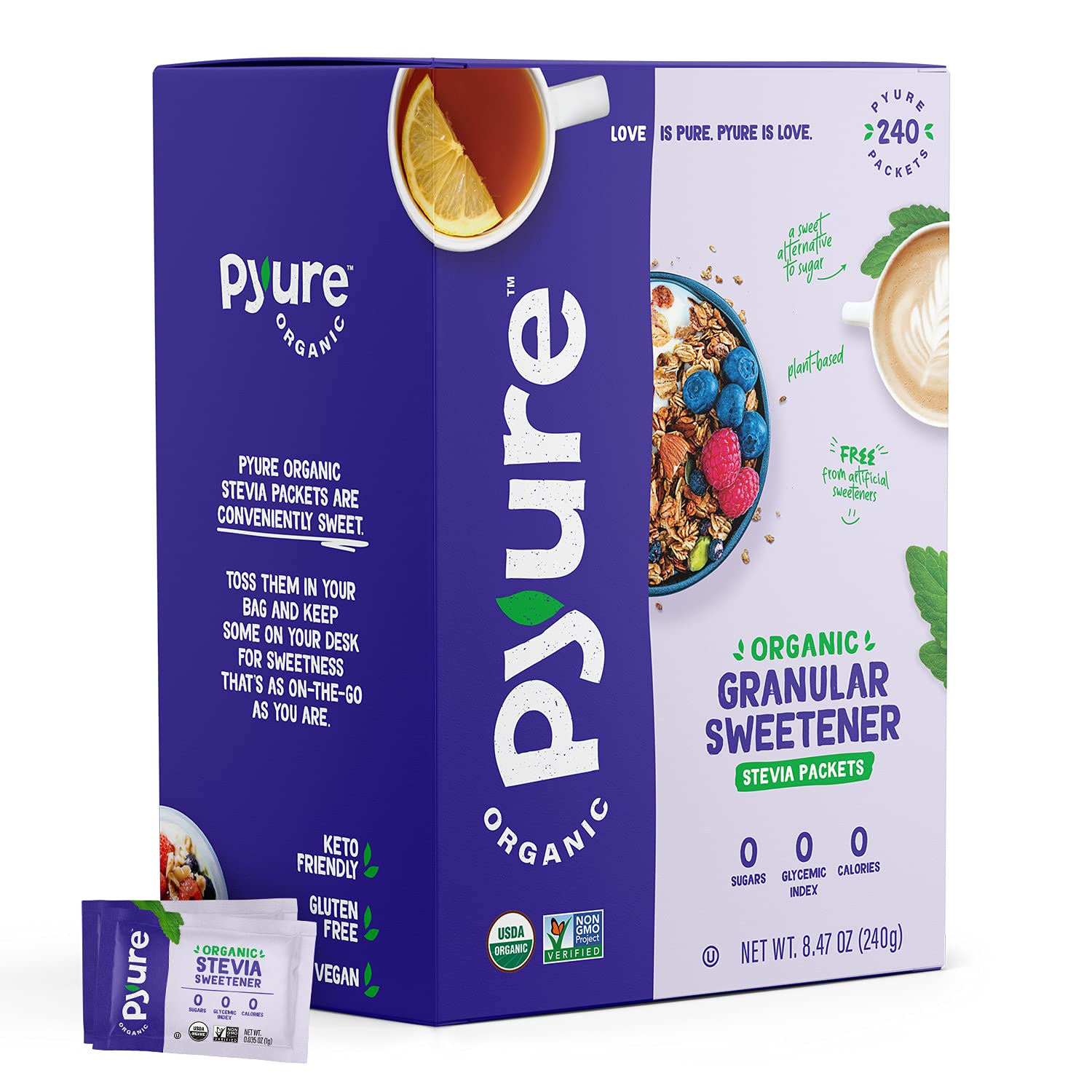 Pyure Organic Stevia Packets box shows zero-calorie sweetness for daily use