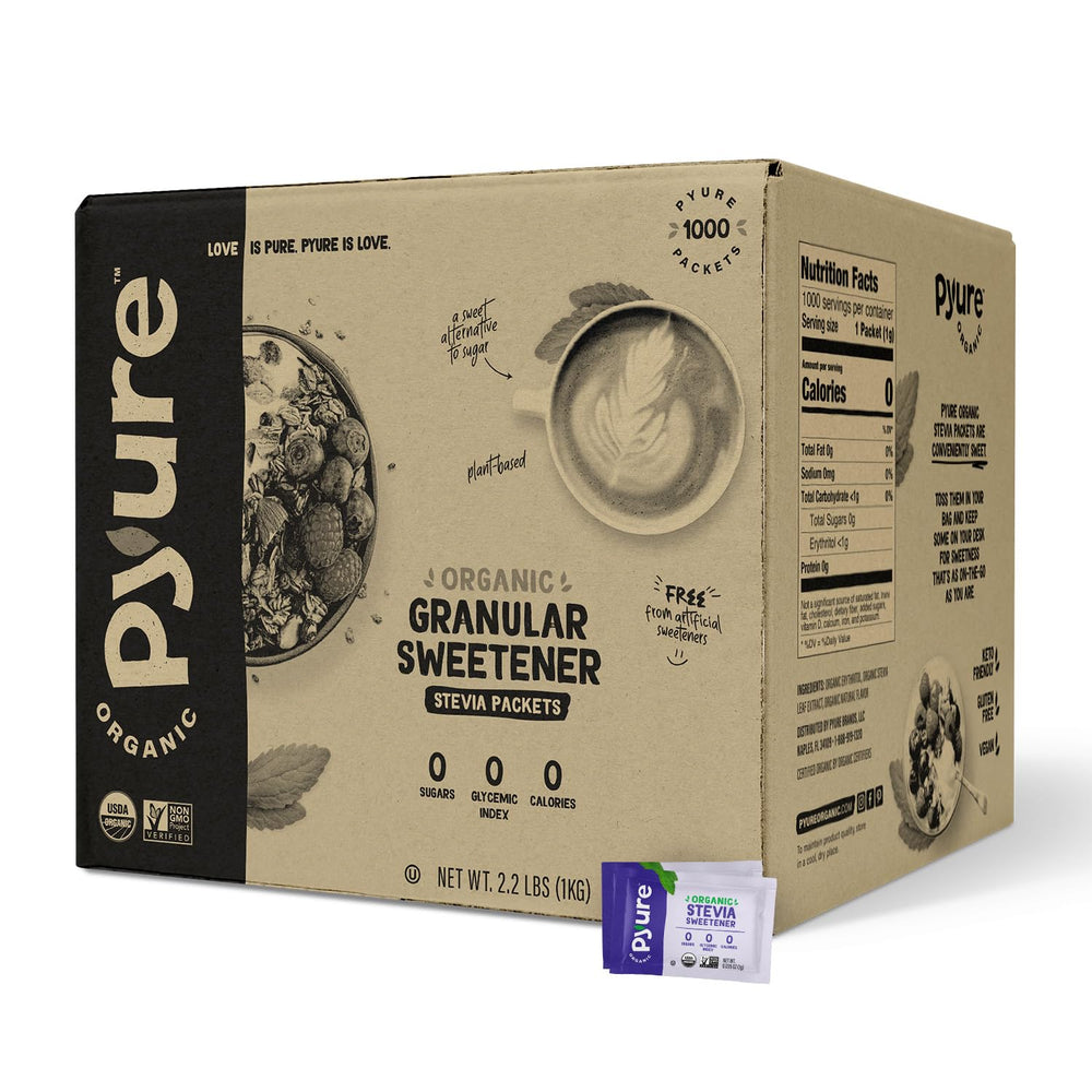 Pyure Organic Stevia packets packaging; convenient zero-calorie sweetness for home use.