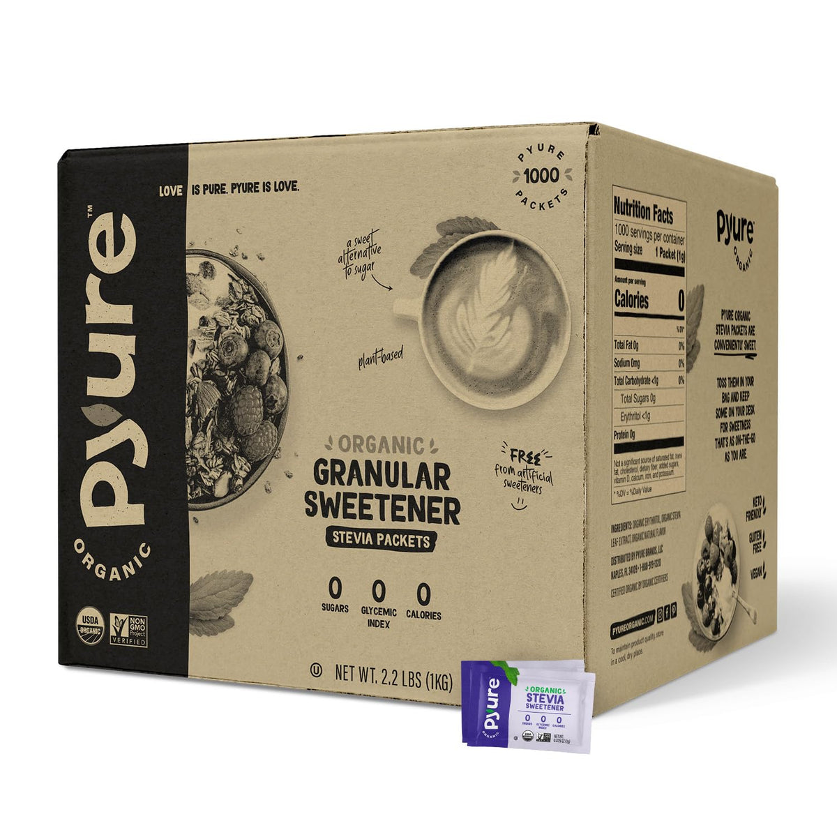 Pyure Organic Stevia packets packaging; convenient zero-calorie sweetness for home use.