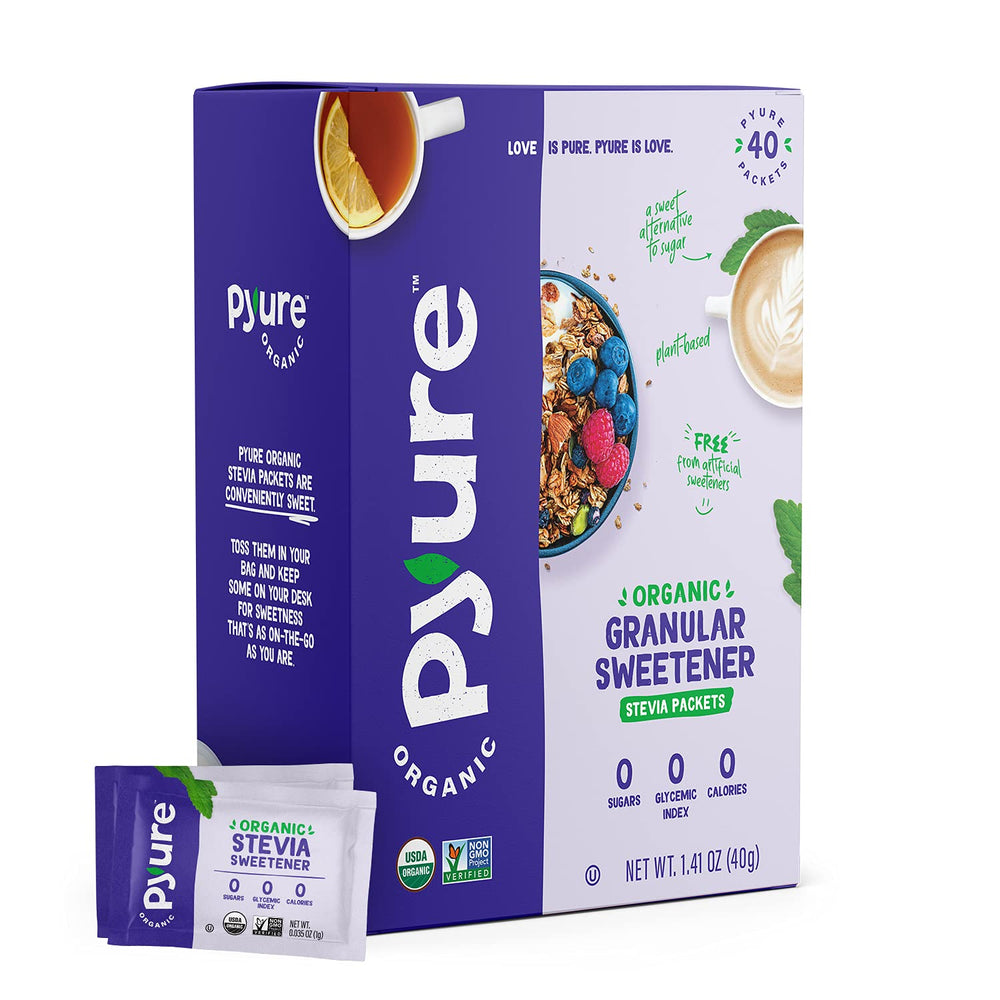 Pyure Organic Stevia Packets packaging shown for easy zero-calorie sweetness on the go.