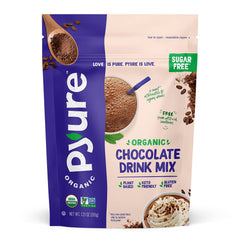 Pyure Organic Sugar-Free Chocolate Drink Mix packaging on shelf, showcasing organic and keto-friendly choice