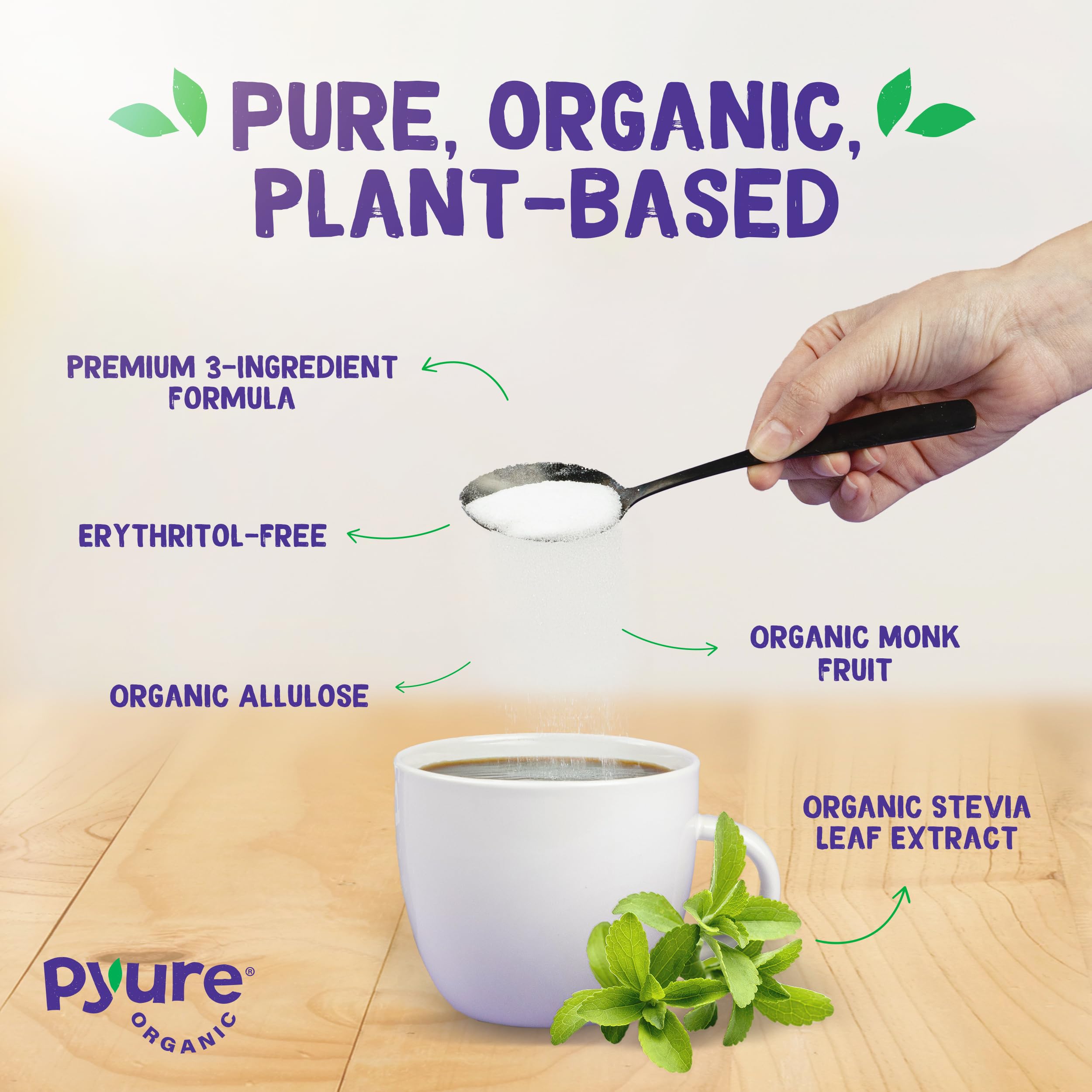 Pyure Organic Sweetener in coffee mug emphasizes 1:1 sweetness for beverages.