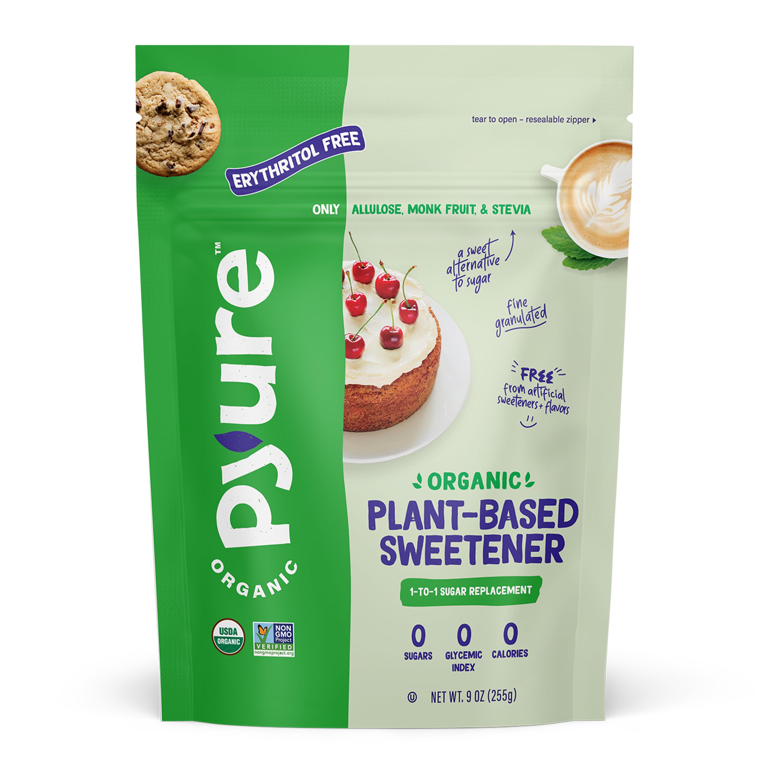 Pyure Organic Sweetener bottle pour shows 1:1 sugar replacement in coffee.