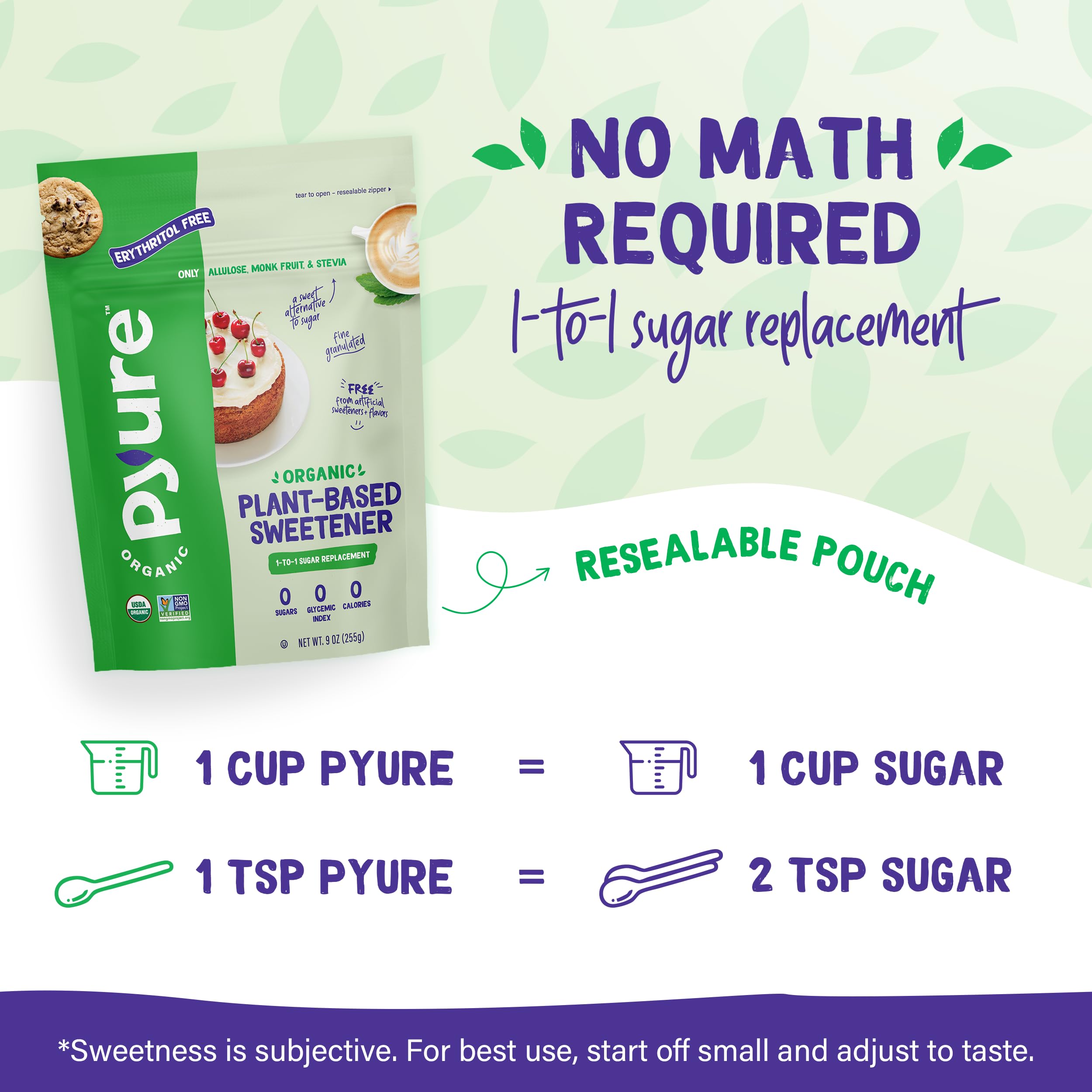 Pyure Organic Sweetener measuring-spoon setup demonstrates versatile baking and beverages.