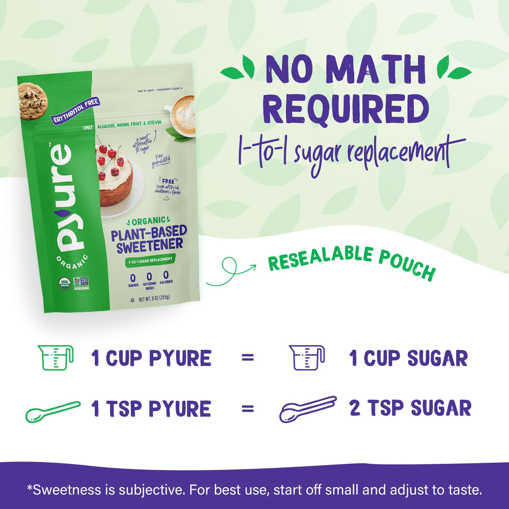 Pyure Organic Sweetener measuring-spoon setup demonstrates versatile baking and beverages.