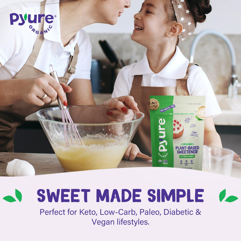 Pyure Organic Sweetener bottle with measuring cup demonstrates 1:1 measurement.