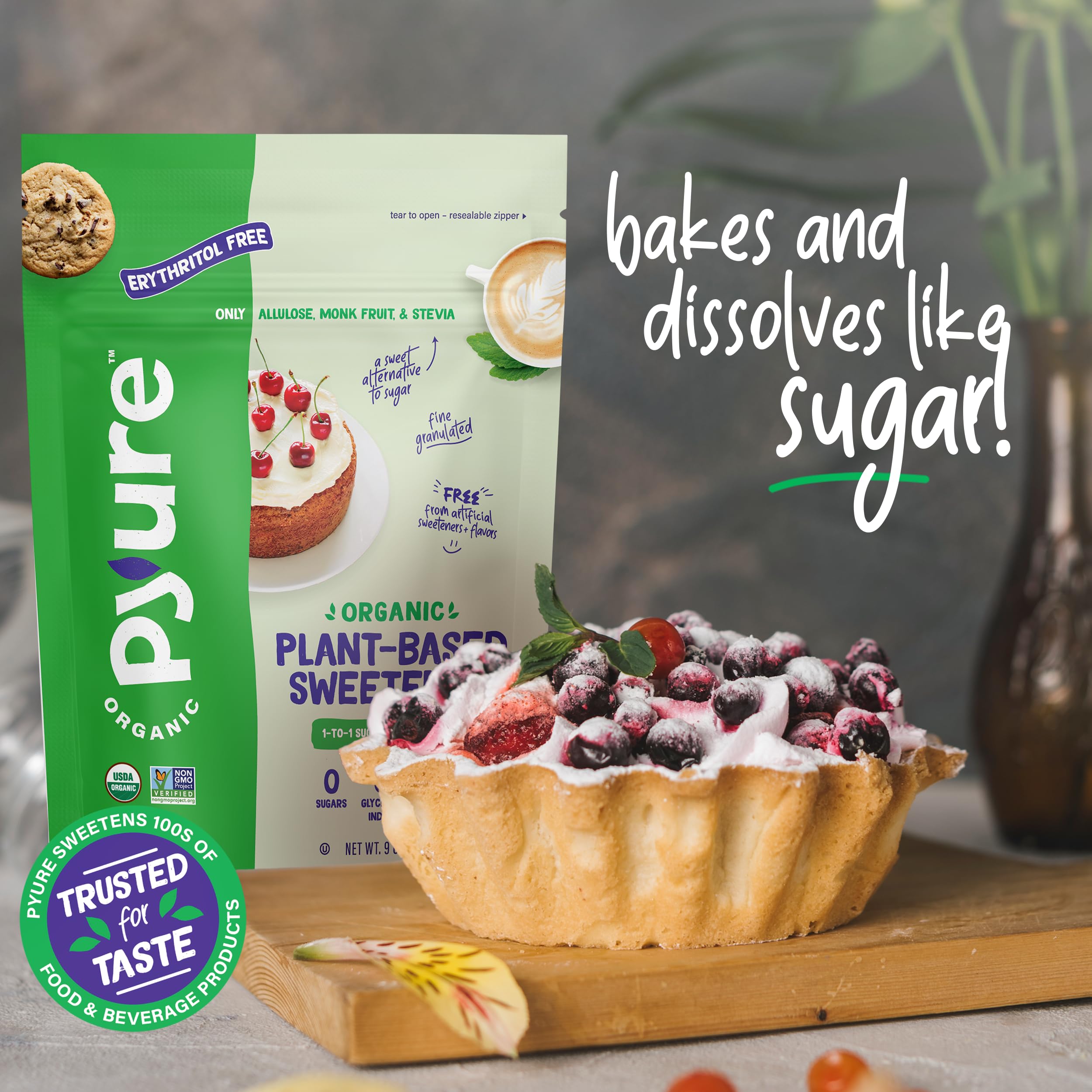 Pyure Organic Sweetener 9 oz container on kitchen counter.