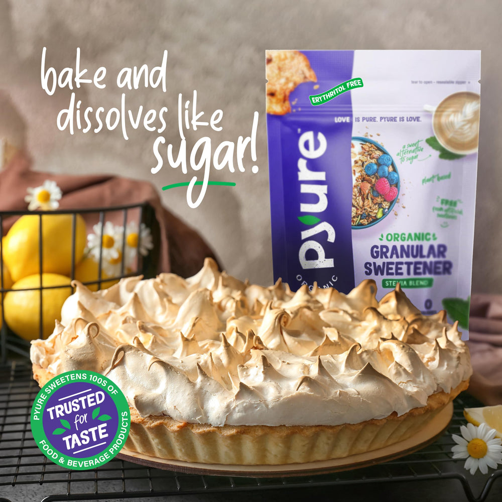 Teacup next to Pyure Stevia Blend and a recipe card for easy use.