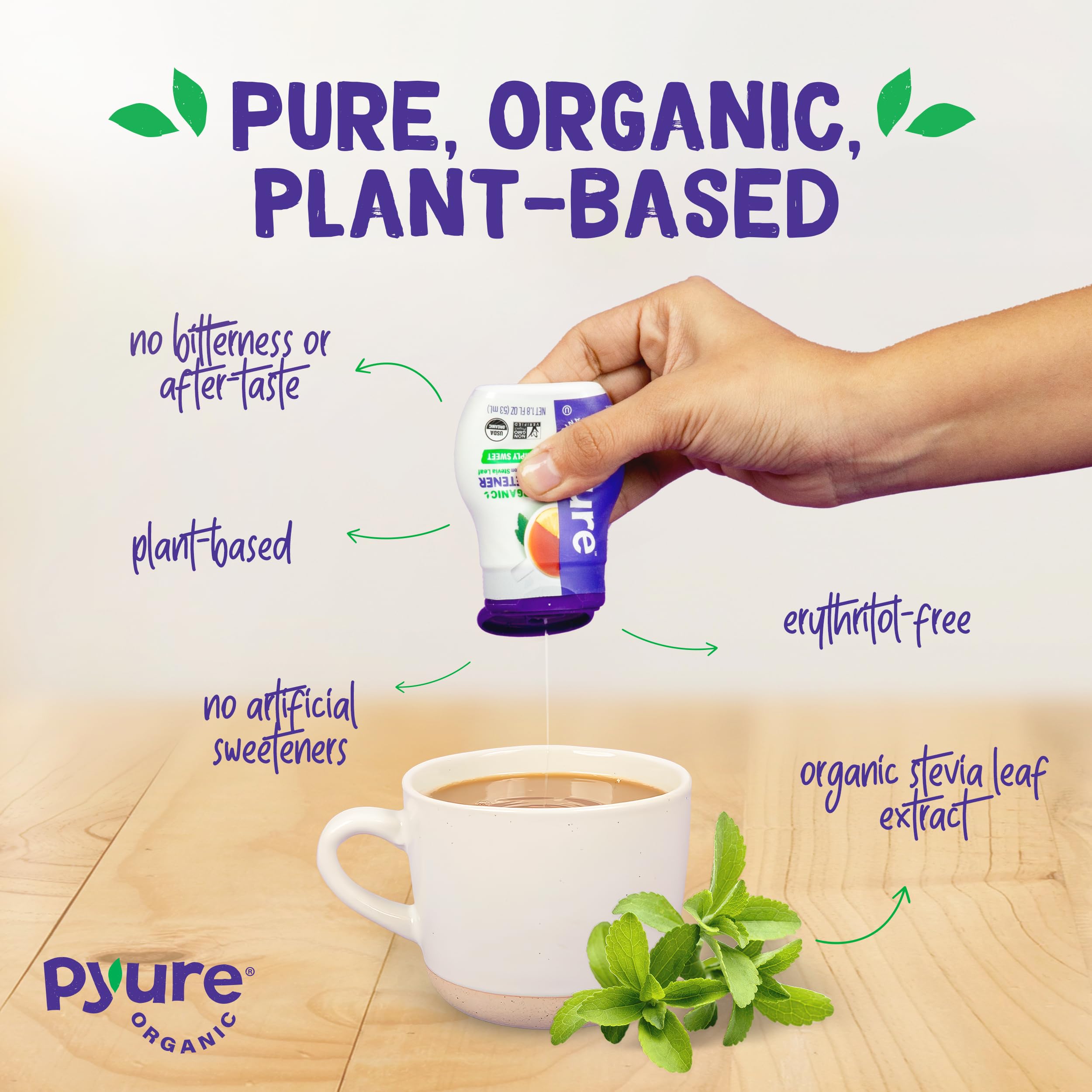 Glass of tea with Pyure Organic Liquid Stevia for natural sweetness.