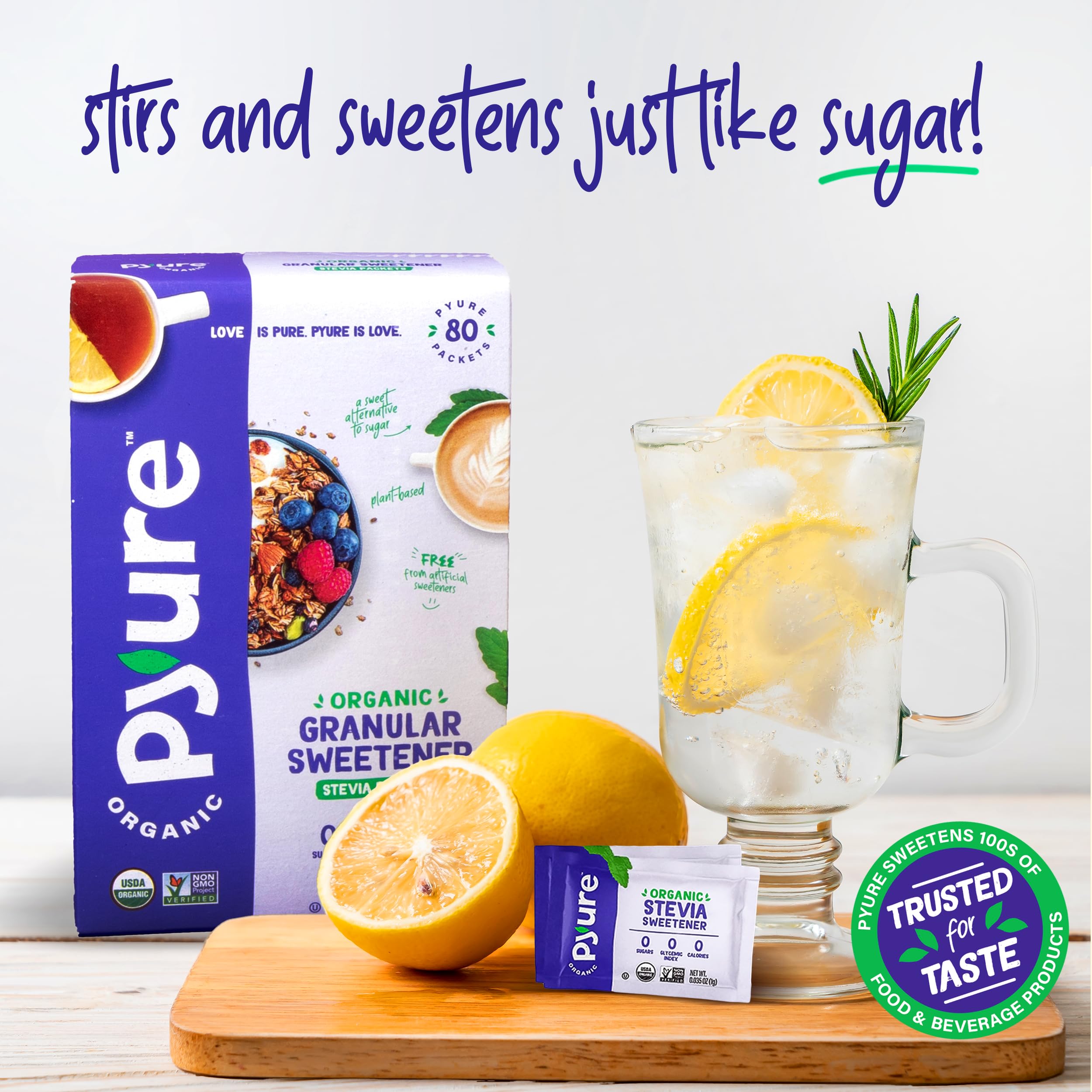 Pyure Packets clean label emphasizing organic, non-GMO ingredients.