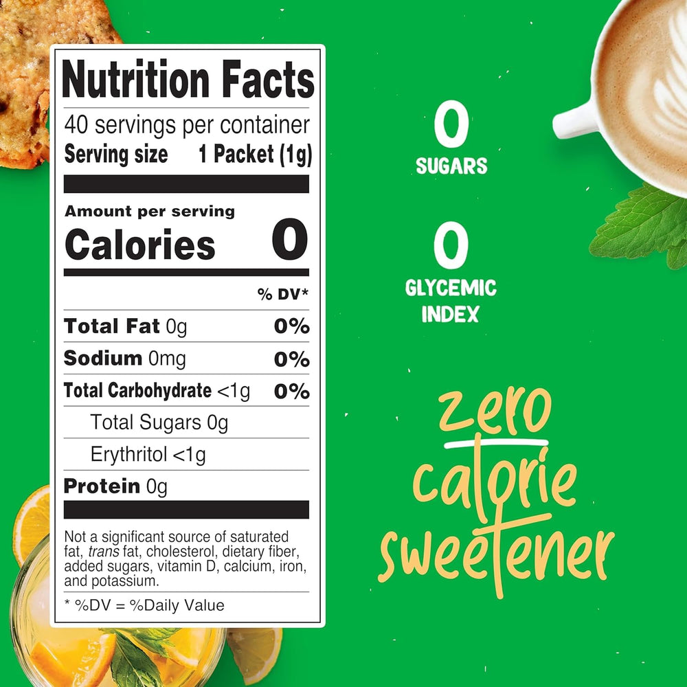 Pyure Stevia Packets with granulated texture, suggesting sugar-like sweetness without calories.