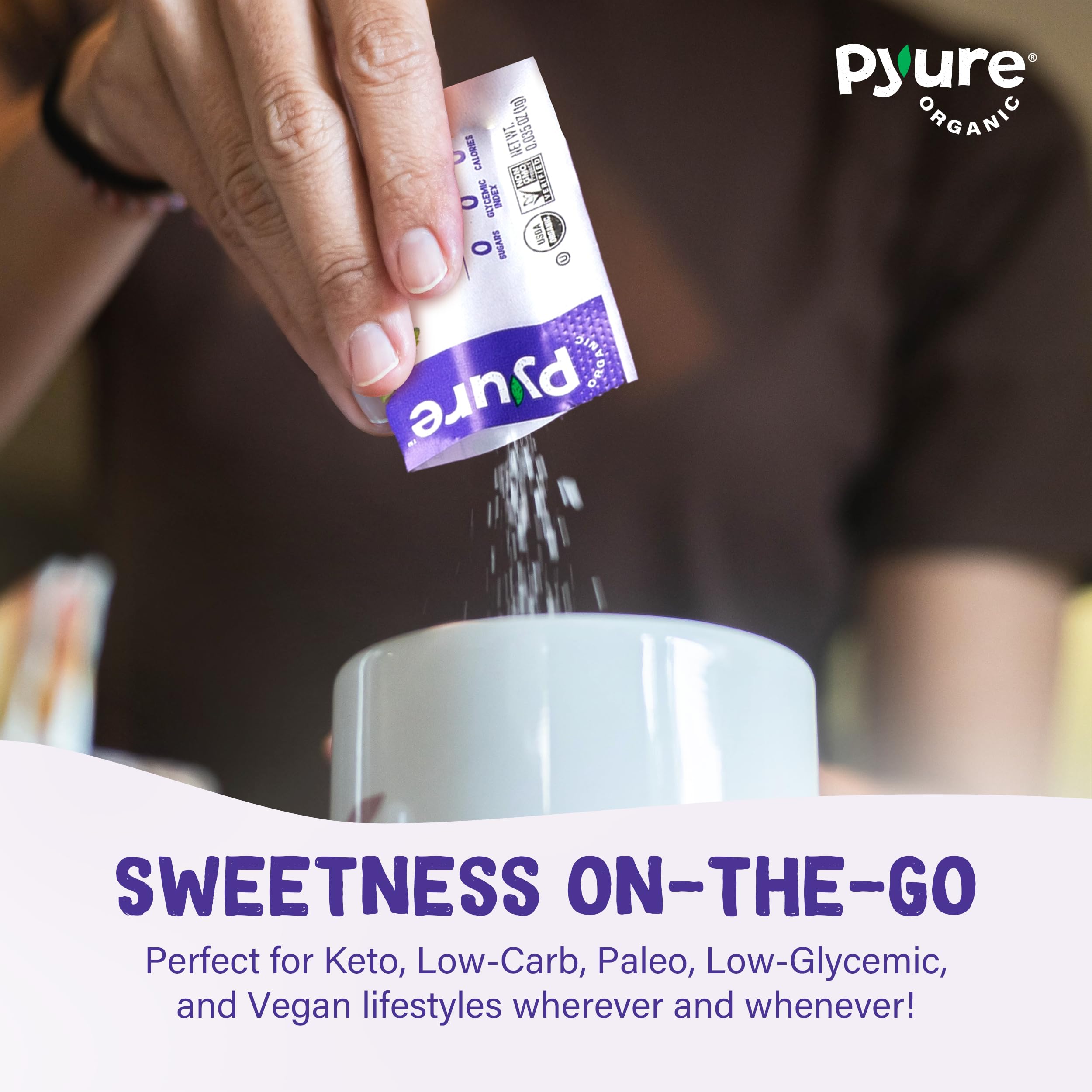 Keto-friendly sugar substitute: Pyure Stevia Packets for keto and paleo diets.