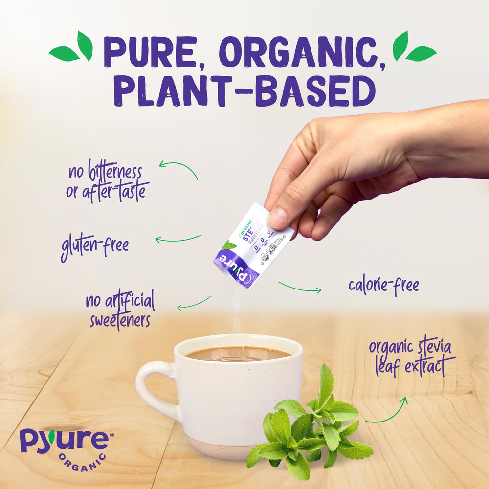 Pyure Stevia Packets with a tea cup for natural sweetness