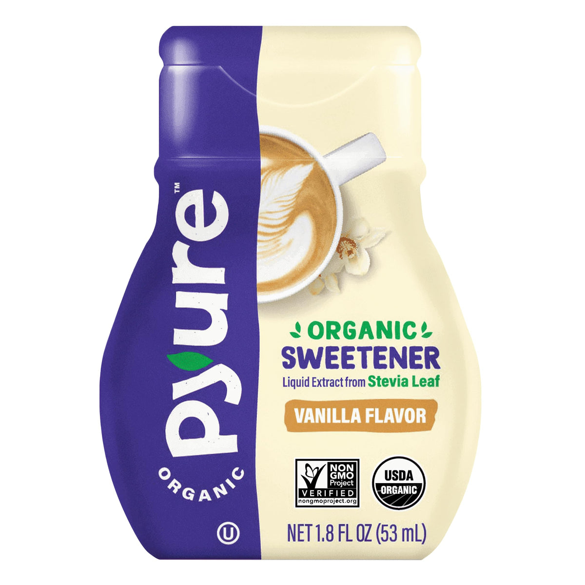 Pyure Vanilla Stevia liquid bottle, zero calories, ideal for coffee and tea.