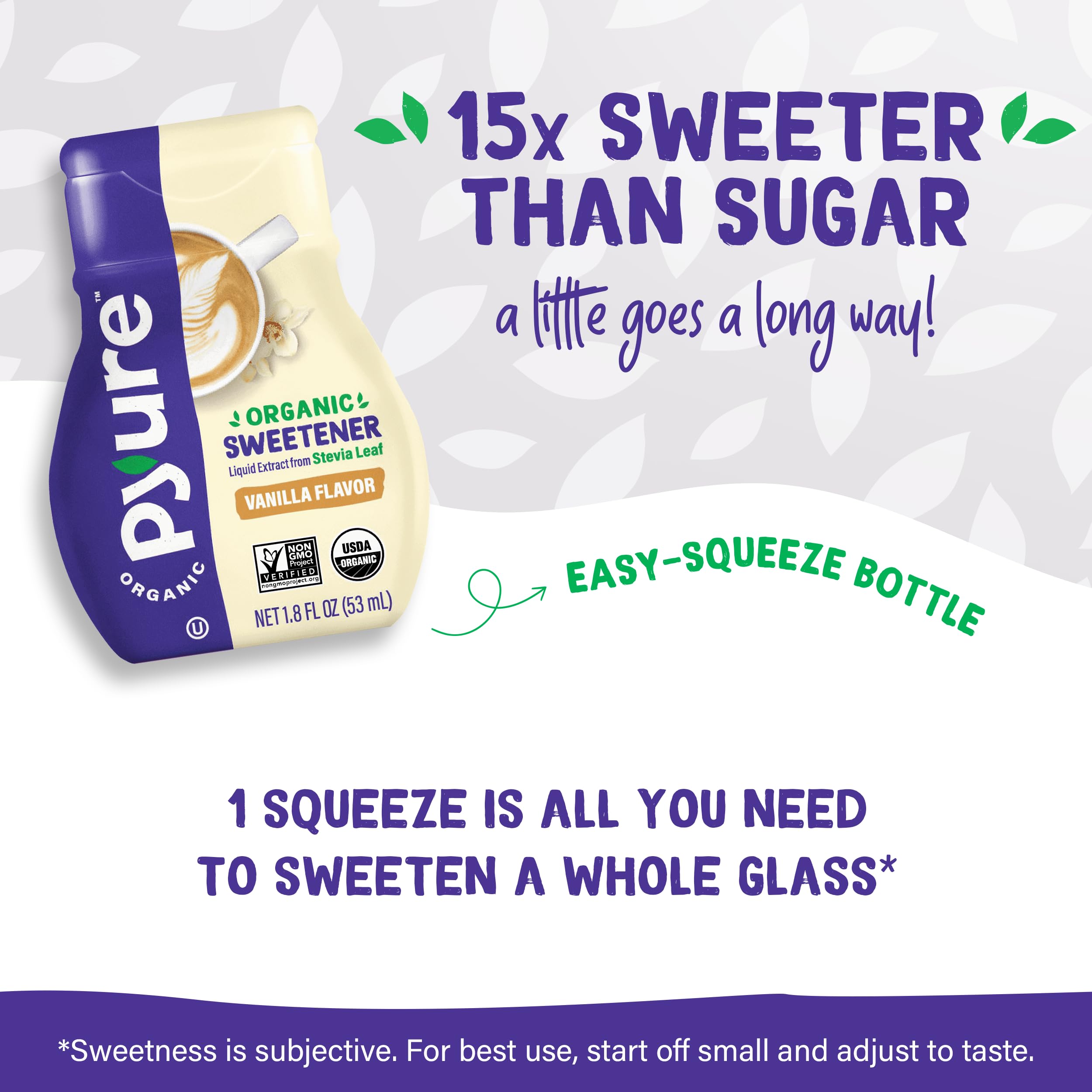 Pyure Vanilla Stevia liquid drops, on-the-go convenience for quick sweetness.