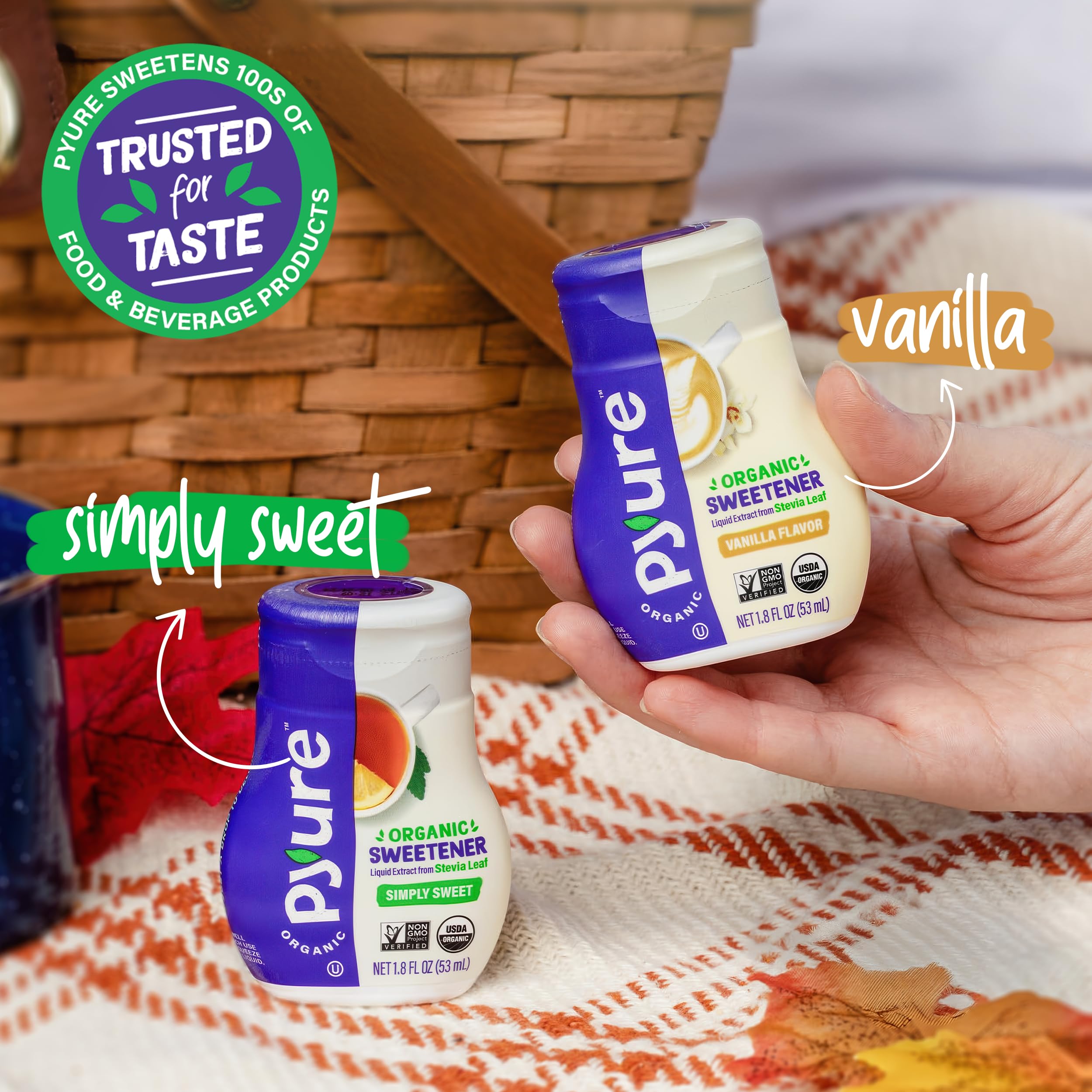 Pyure Vanilla Stevia organic label—certified organic and non-GMO promise.