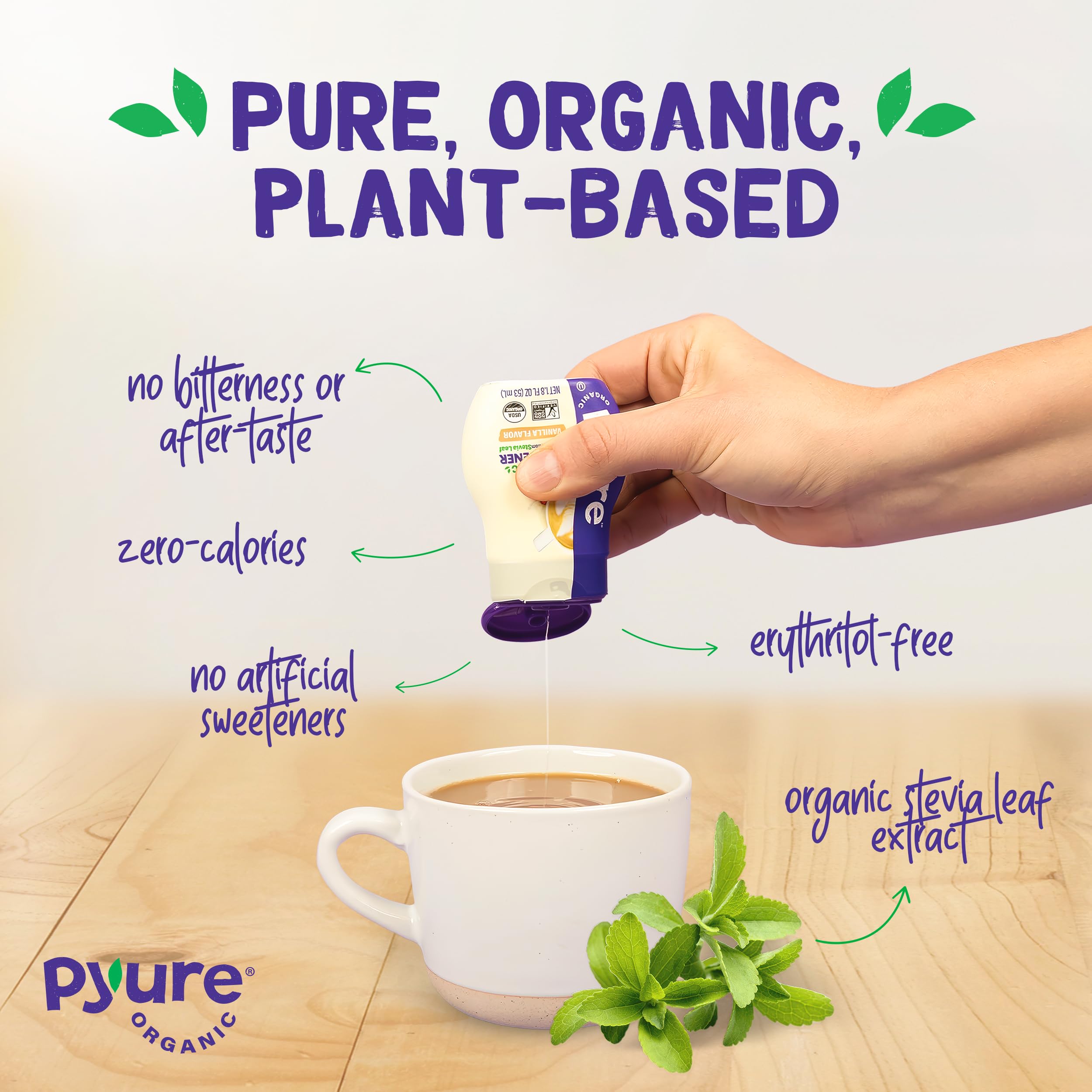 Pyure Vanilla Stevia tea cup—vanilla flavor with zero sugar.