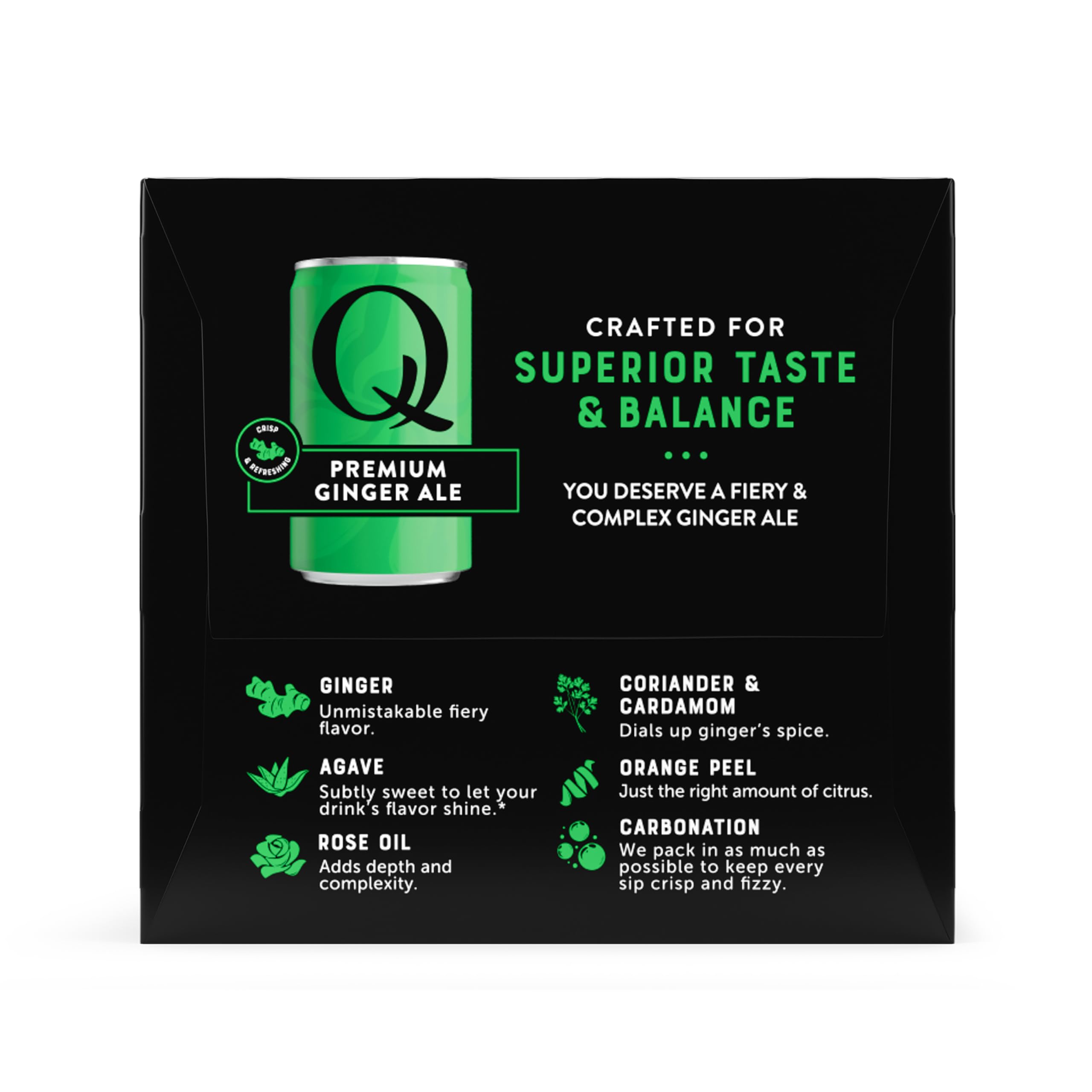 Closeup of Q Mixers Ginger Ale ingredients, highlighting real flavors and no artificial additives.