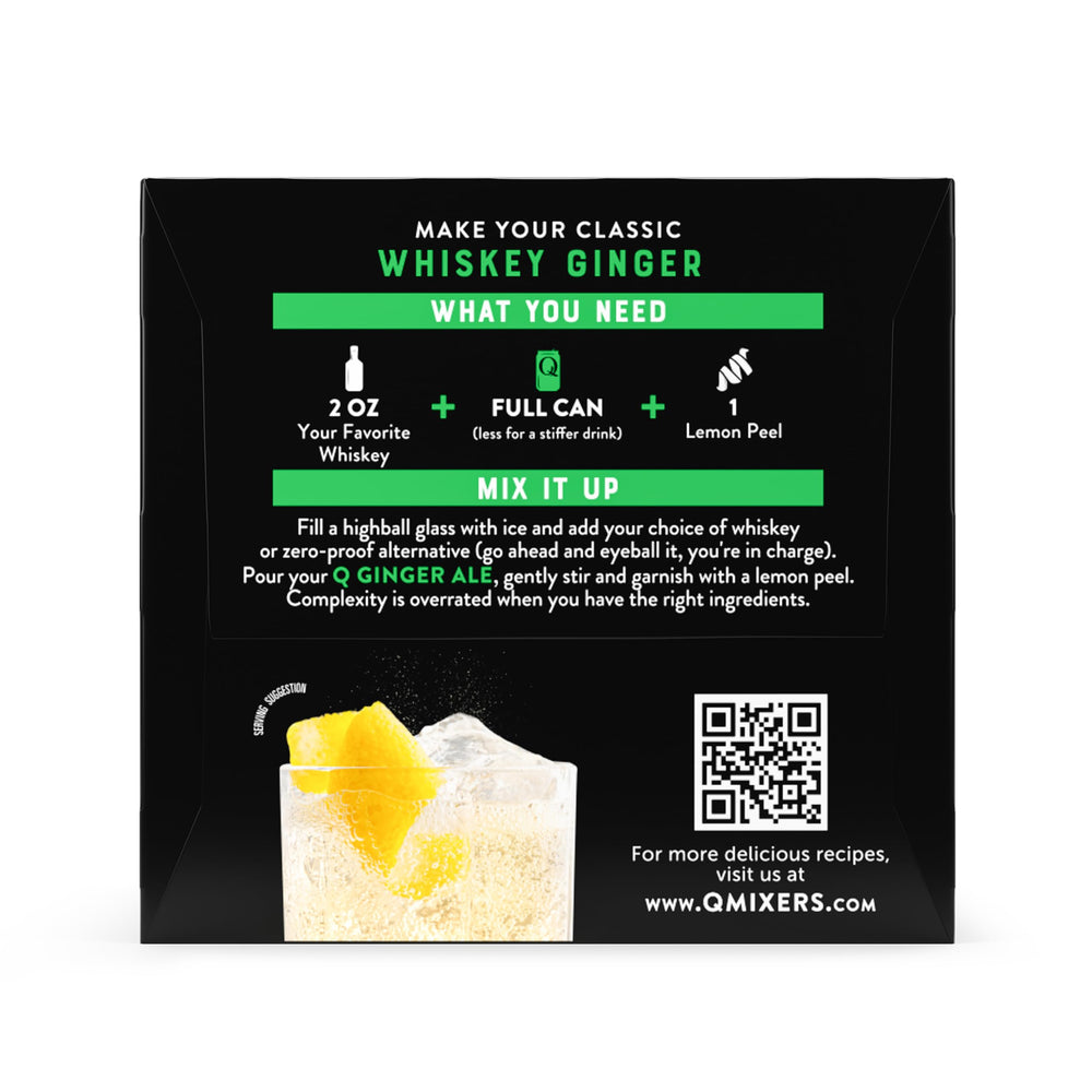 Label closeup on Q Mixers Ginger Ale, showcasing Non-GMO and kosher certifications.