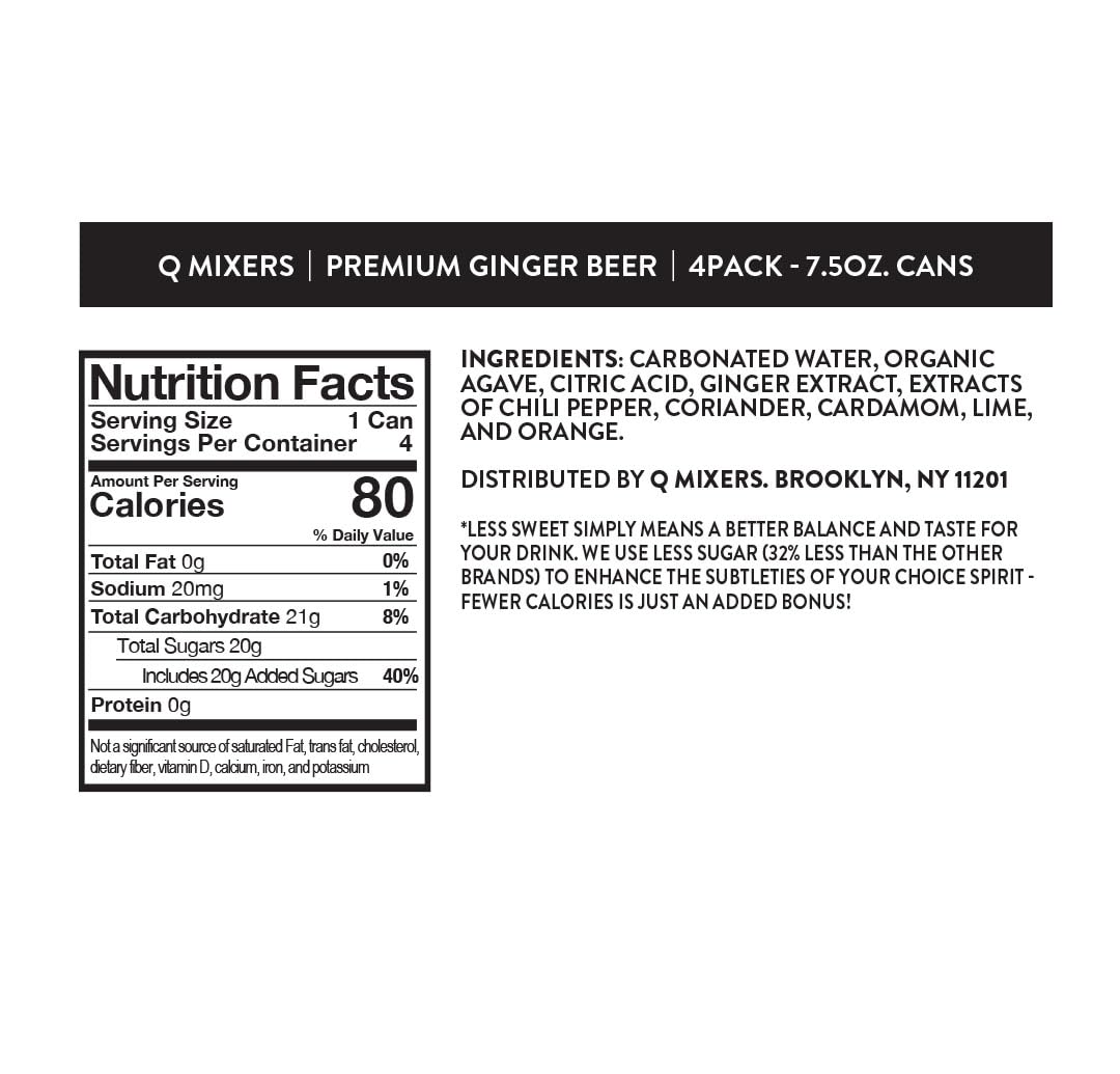 Q MIXERS ginger beer can side highlights compact, convenient 7.5 oz serving.