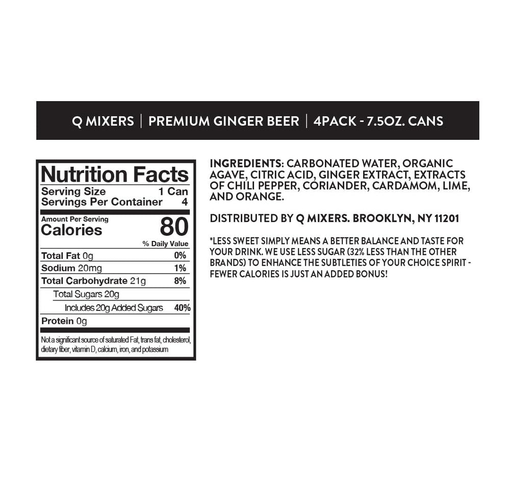 Q MIXERS ginger beer can side highlights compact, convenient 7.5 oz serving.