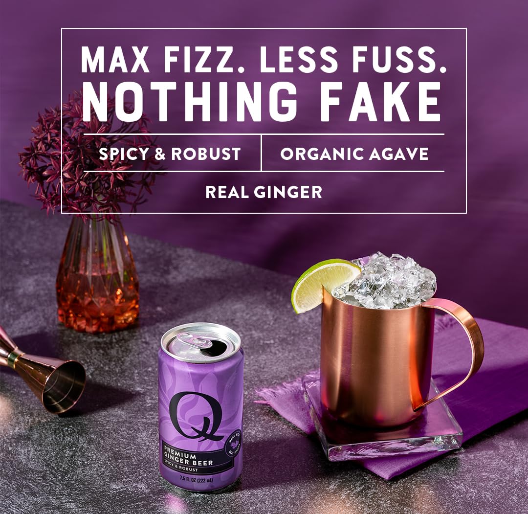 Q MIXERS Q GINGER BEER cocktail-ready can features bold ginger notes.