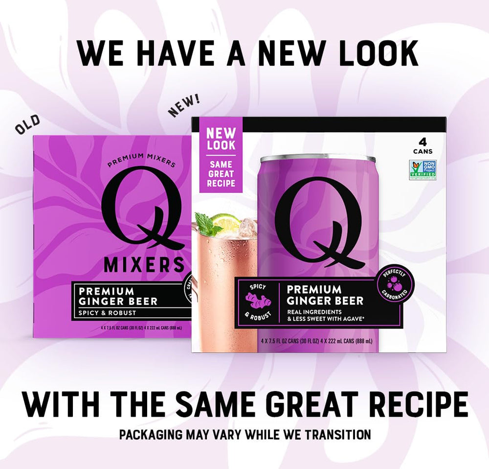 Q MIXERS Q GINGER BEER glass with ice suggests a refreshing, less sweet option.