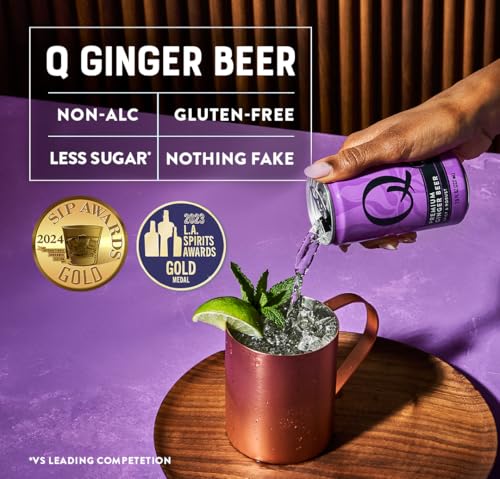 Q MIXERS Q GINGER BEER label closeup highlights premium ingredients.