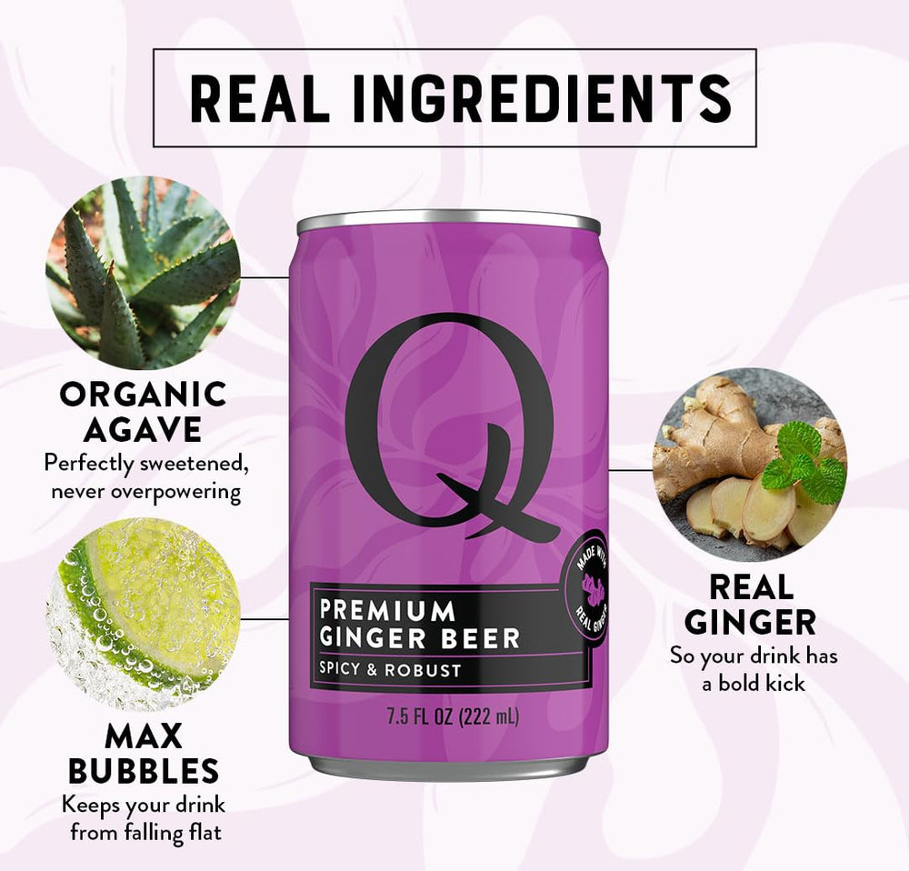 Q MIXERS Q GINGER BEER label closeup emphasizes real ginger and organic agave.